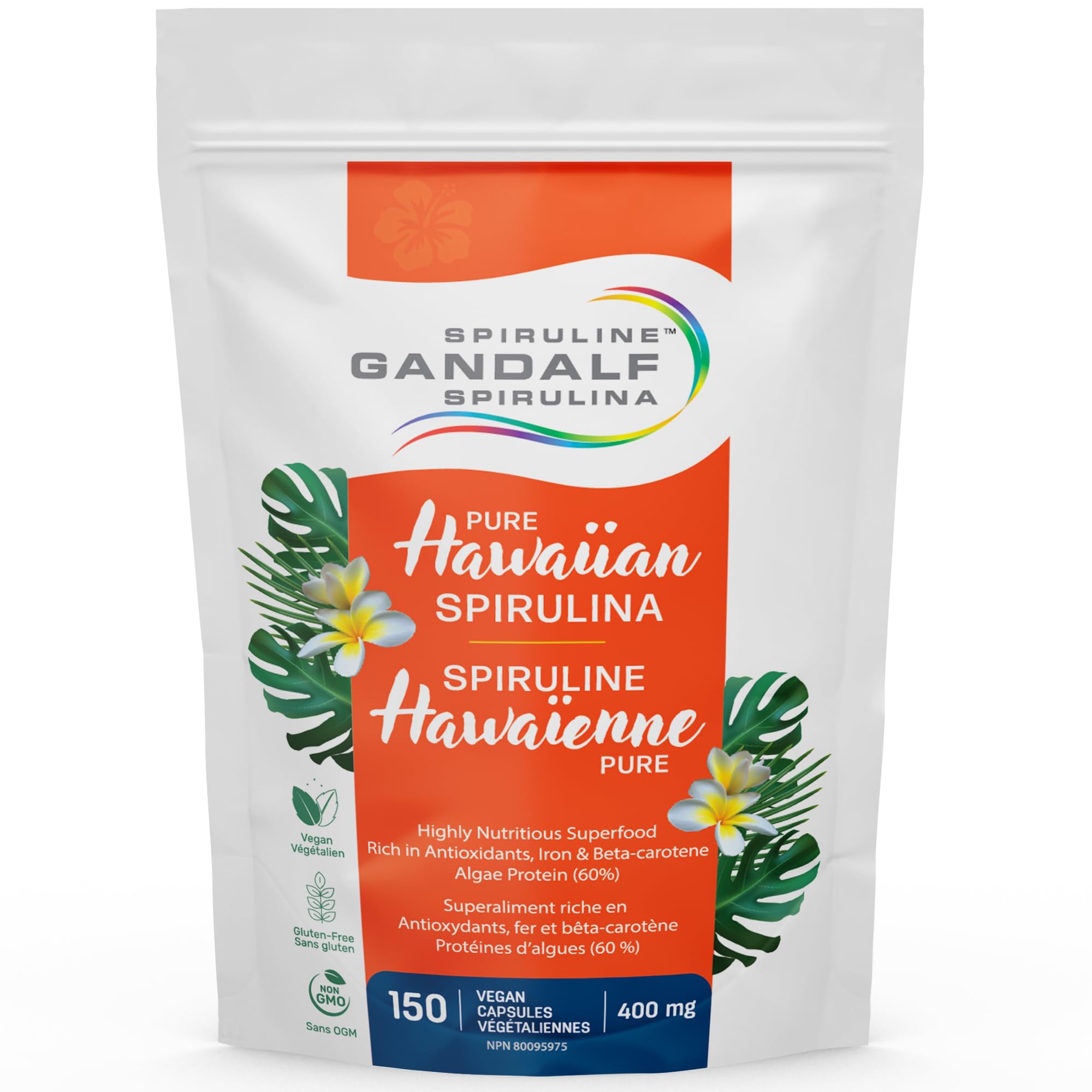 Gandalf Hawaiian Spirulina 400mg, 150 Vegan Capsules - Non-GMO and Gluten-Free - Pure Blue-Green Algae, Rich in Beta-Carotene, Vitamins, Iron, Antioxidants - Supports Immune Health