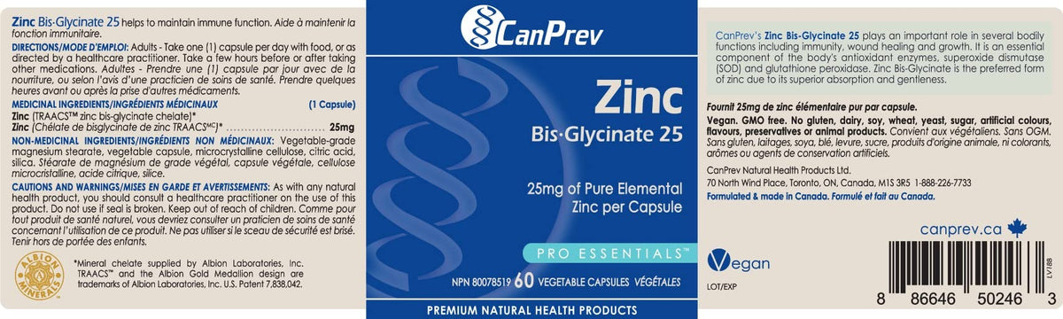 CanPrev Zinc Bisglycinate Chelate 25mg Capsules, 60 Capsules, 60 Day Supply