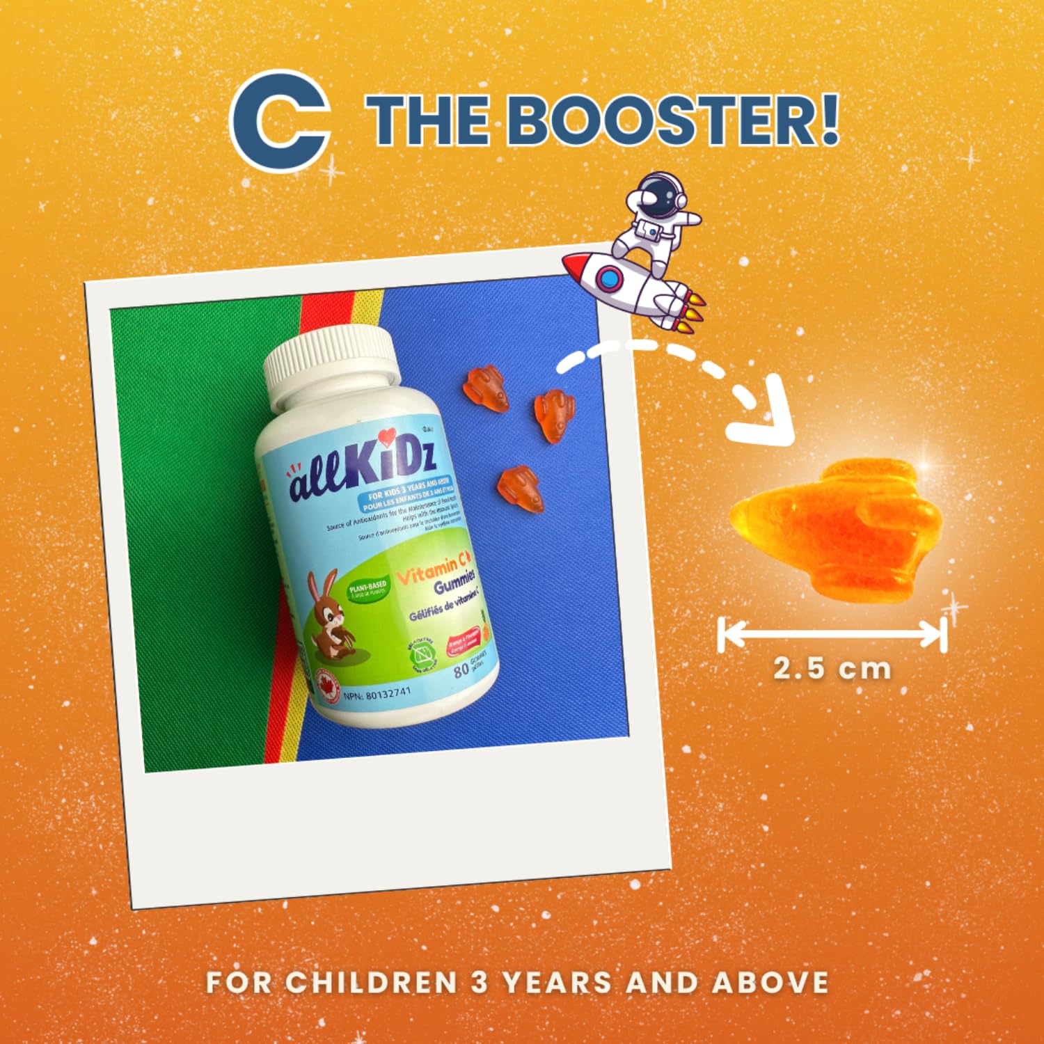 allKiDz Vitamine C en gommes pour enfants 150mg, Fabriquées au Canada, Stimulant immunitaire Antioxydant Supplément pour les os et les dents, Pectine Végétalien à base de plantes, Gommes délicieuses en forme de fusée, Saveur Orange Ananas, 80 unités