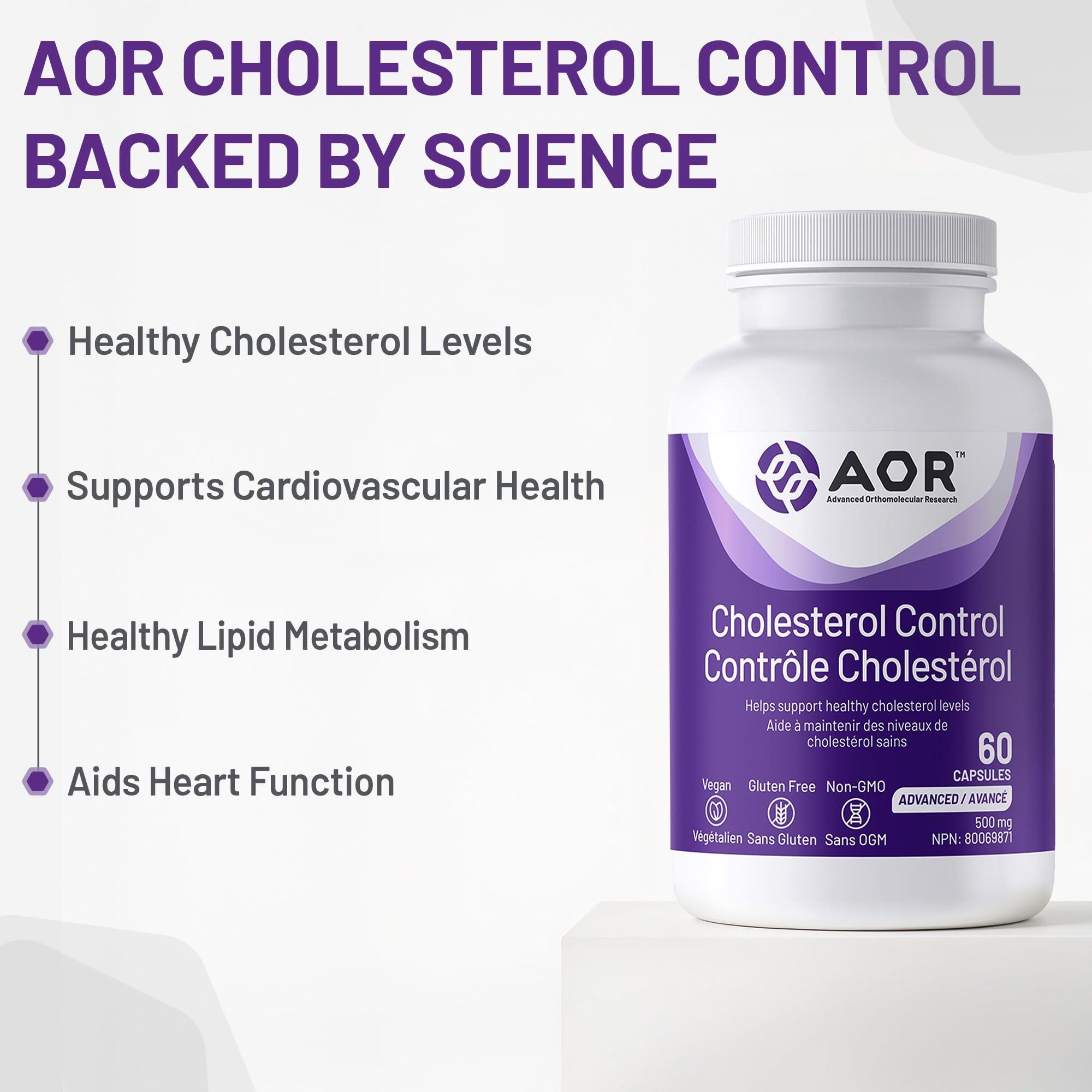 AOR Contrôle du cholestérol 500mg, 60 gélules, approvisionnement de 30 jours - Supplément de bergamote d'agrumes pour des niveaux de cholestérol équilibrés, soutient un métabolisme lipidique sain - Formule sans OGM et végétalienne pour la santé cardiaque