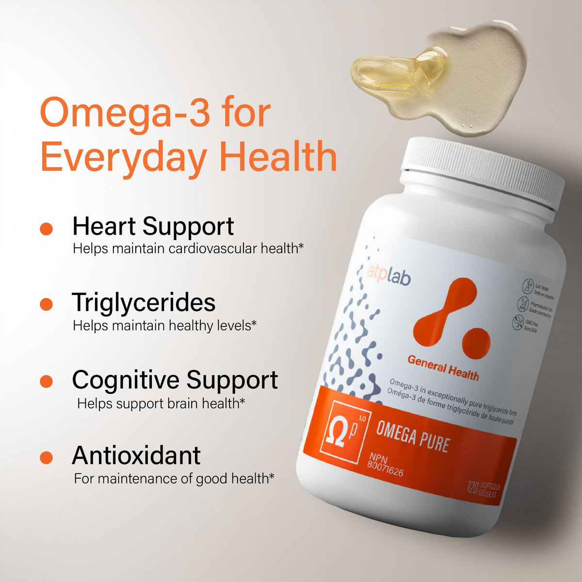 atplab Omega Pure Omega 3 Fish Oil, 400 mg EPA & 200 mg DHA, 120 Capsules