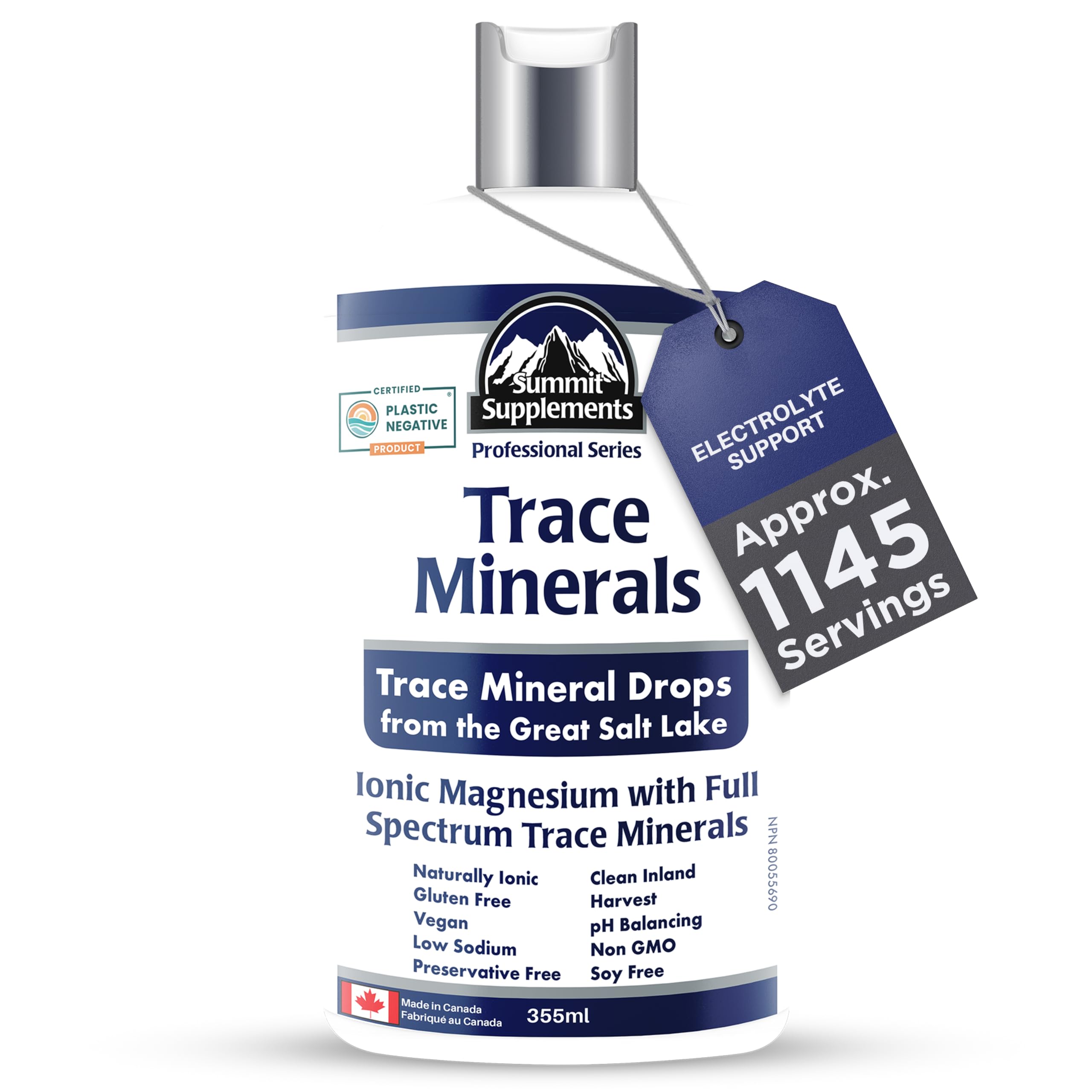 Trace Minerals Drops 355ml, 1145-Servings, Ionic Liquid Magnesium, Full Spectrum Trace Mineral, Vegan, Gluten, GMO-Free, Low Sodium, Hydration & Electrolyte Support, Proudly Canadian, Plastic Negative
