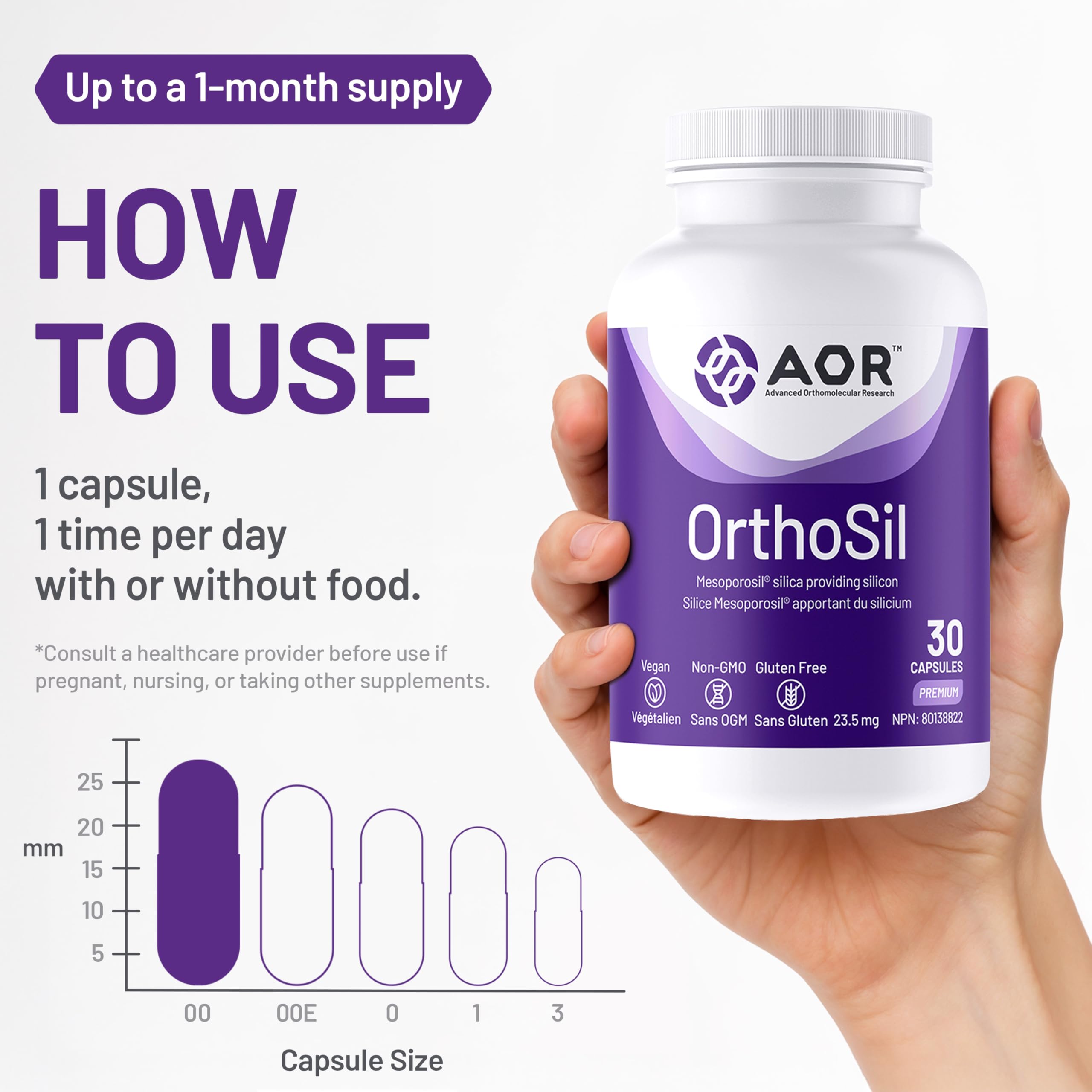 AOR OrthoSil Silica Supplement, 30 Vegan Capsules, 30 Days Supply, Features Patented Mesoporosil, Supports Healthy Hair, Skin, Nails, Connective Tissue & Structural Wellness, Gluten-Free & Non-GMO