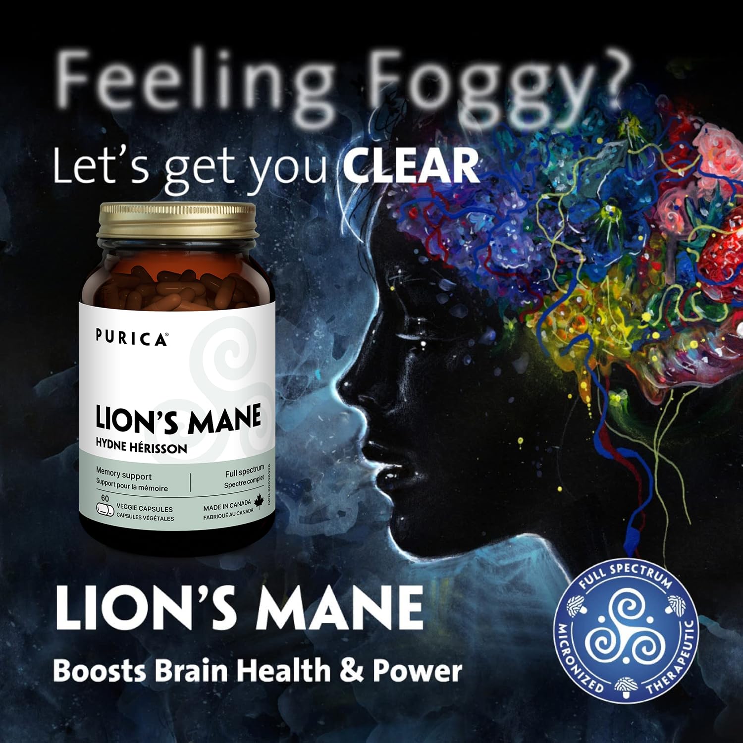 PURICA Crinière de Lion Biologique - Complément pour la Santé Cérébrale, Mémoire et Concentration, Gélules 100% Naturelles, Véganes