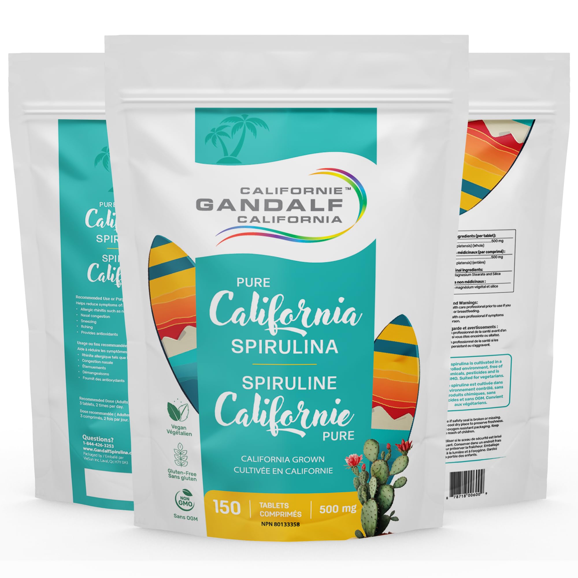 Gandalf California Pure Spirulina Tablets 500mg 150 Tablets - Grown in California, Non-GMO, Vegan, Ultrapure Blue-Green Algae, Packed with Essential Nutrient, Support Vitality & Wellness