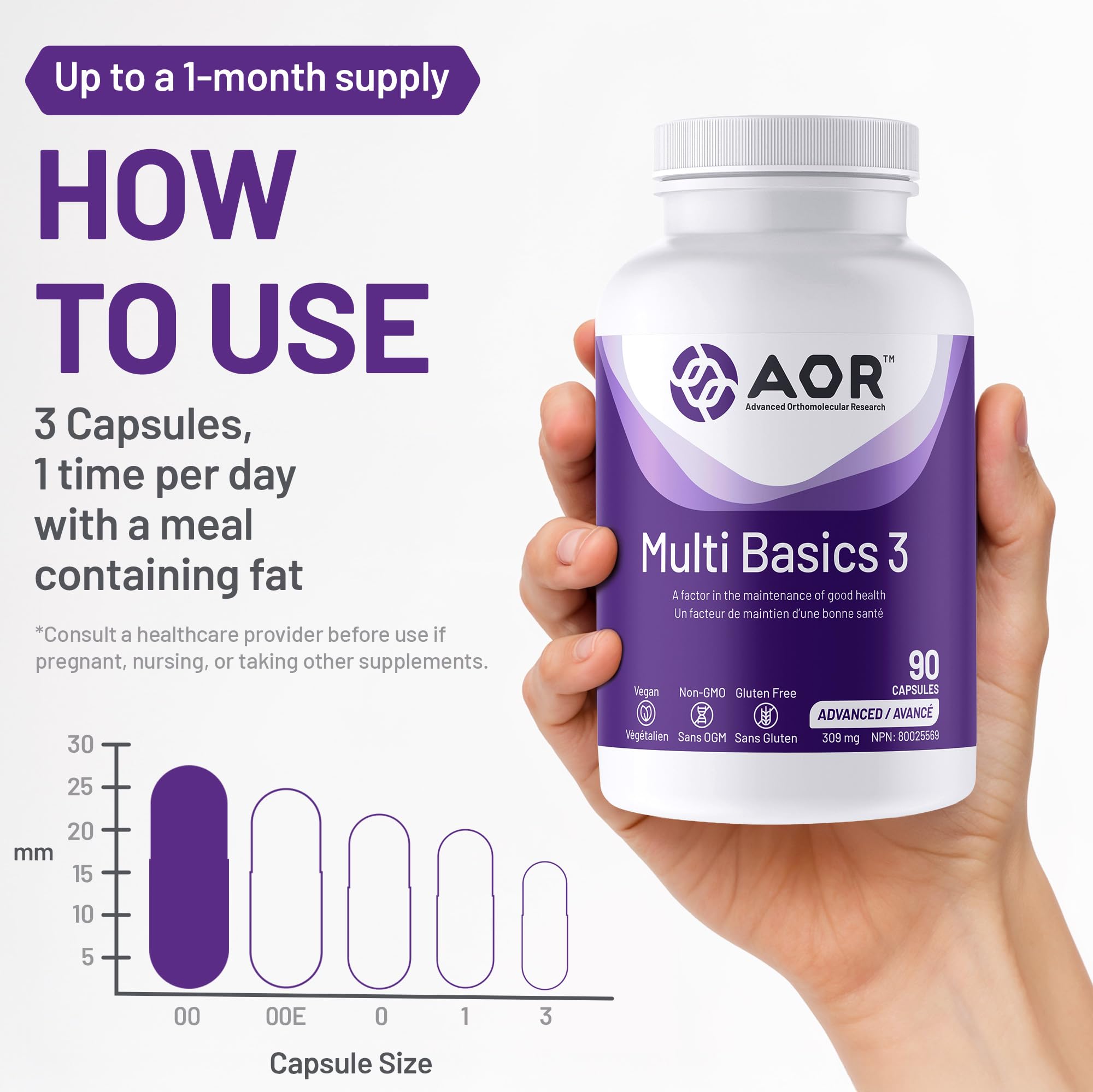 AOR - Multi Basics 3 309mg, 90 capsules - Supplément de minéraux essentiels et de multivitamines pour adultes - Multivitamine quotidienne pour hommes et femmes adultes - Multivitamines et multiméraux