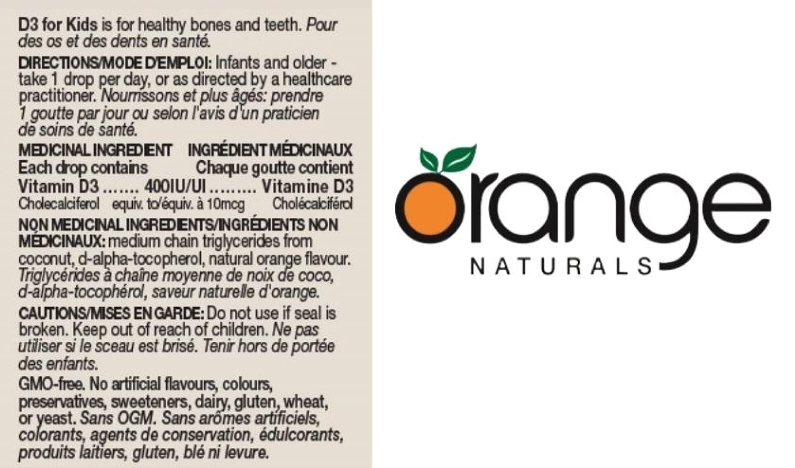 Orange Naturals - Gouttes de vitamine D3 - Saveur naturelle d'orange liquide - 400 UI pour enfants - 15 ml - Gouttes liquides de cholécalciférol vitamine D3 - Soutien pour la santé des os, des dents et du système immunitaire