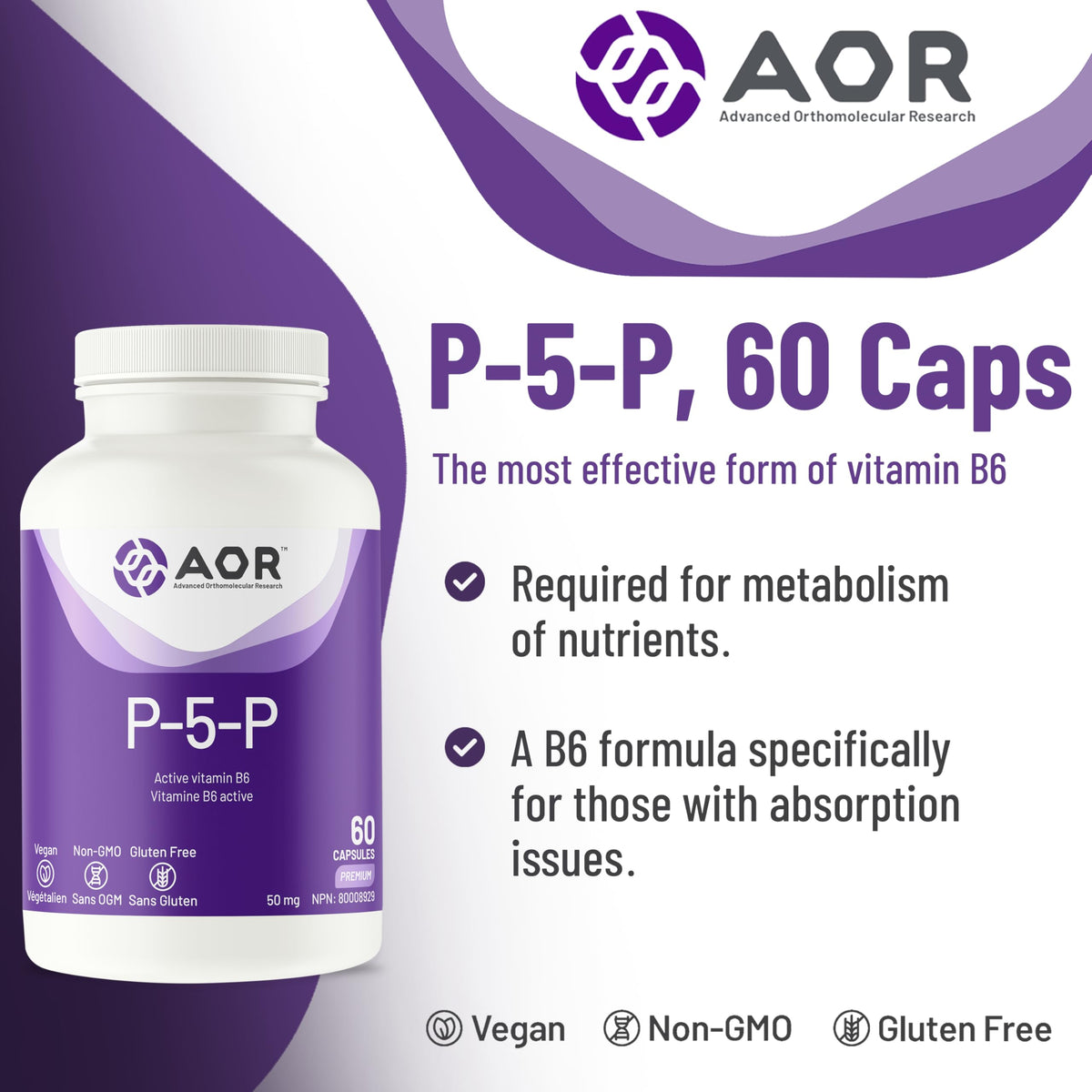 AOR P5P Vitamin B6 Capsules for Adults, 50 mg, 60 Capsules, 30-Day Supply