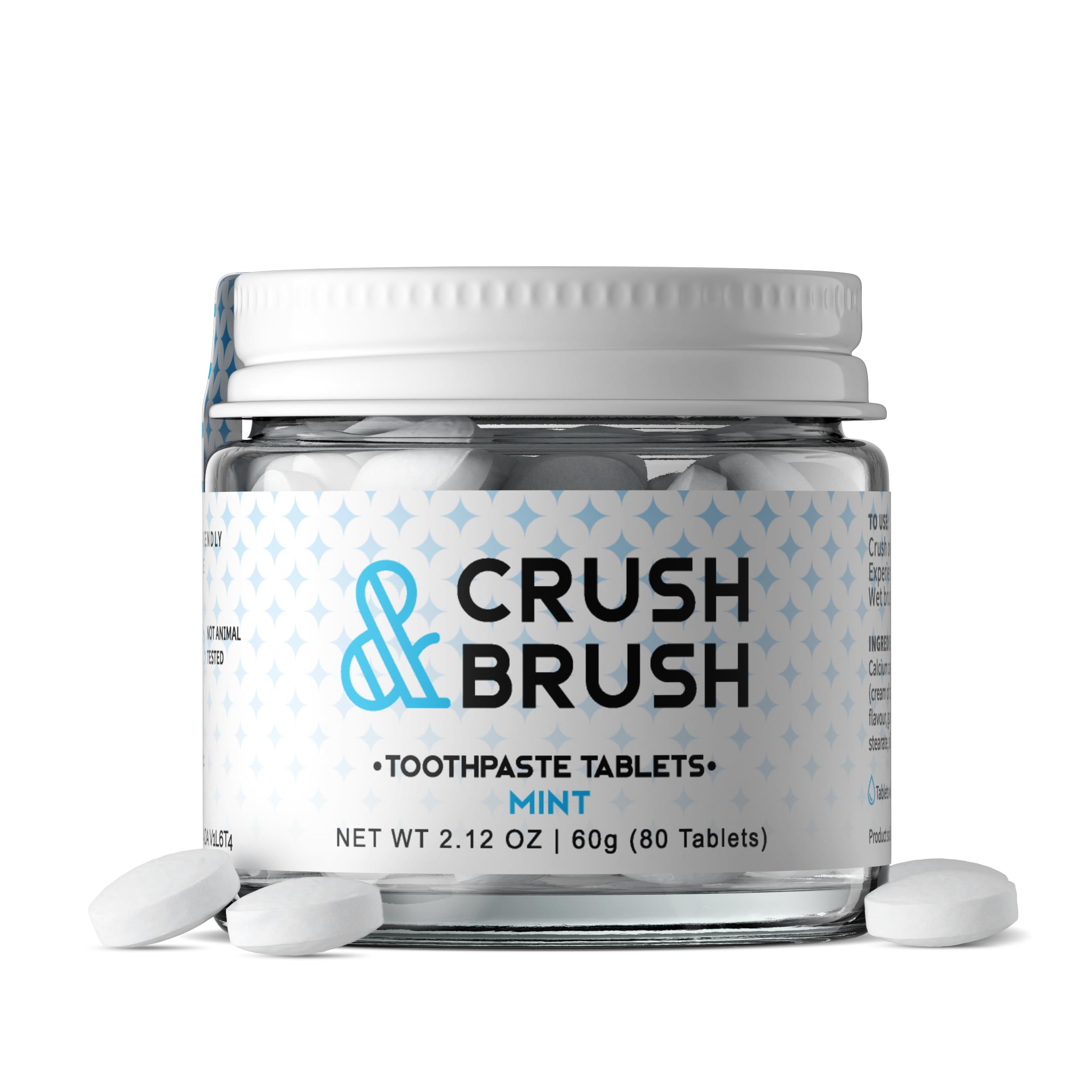 Nelson Naturals Crush & Brush Toothpaste Tablets, Mint Flavor, 60g/80 Tablets, Organic, Silica & Xylitol Formula, Refreshing Fluoride-Free Toothpaste in a Glass Jar, Convenient for On-the-Go