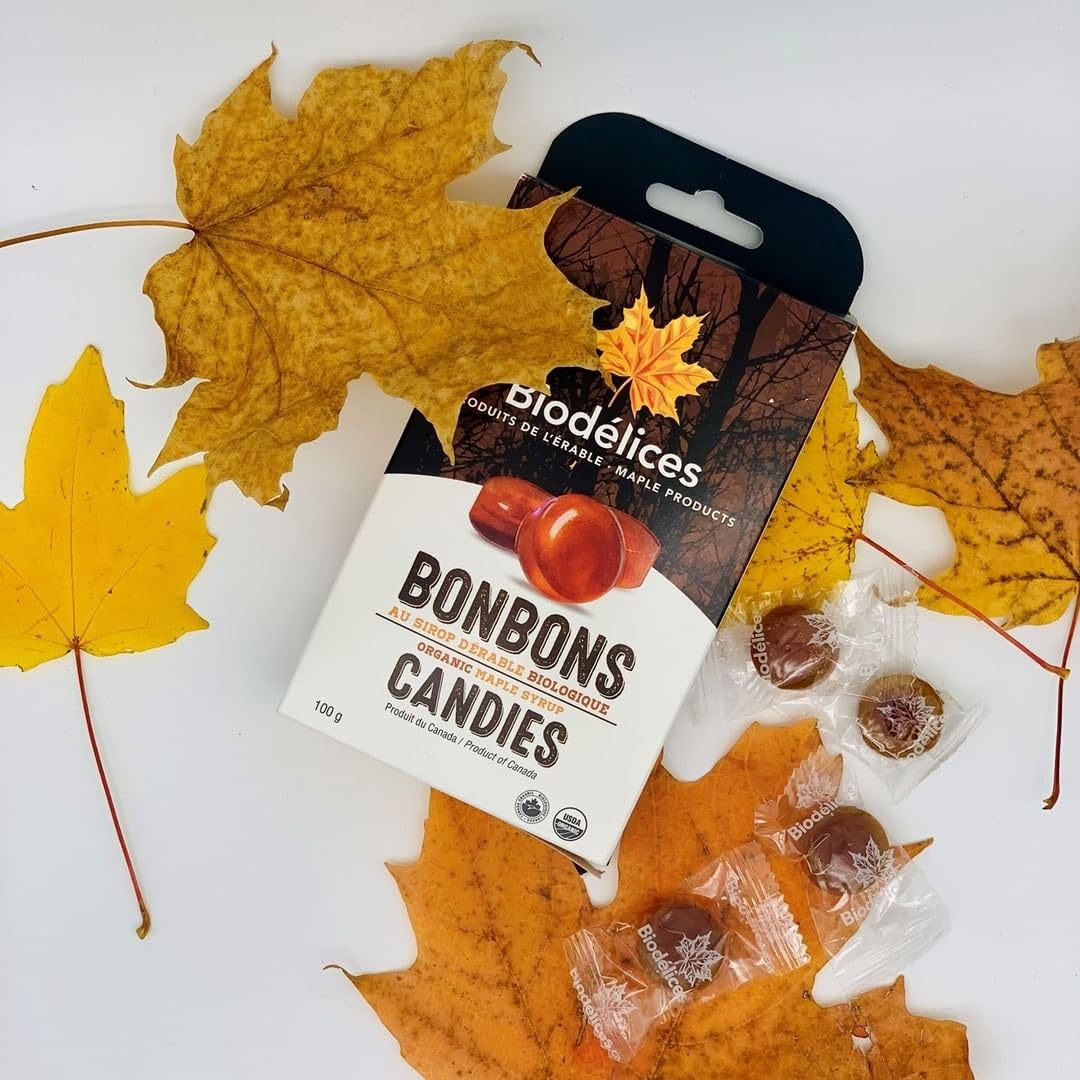 Biodélices - Bonbons au pur sirop d'érable biologique 100g - Riches en antioxydants et minéraux - Le pur délice de l'érable du Québec - Idéal pour le café, comme édulcorant pour le thé, la pâtisserie, comme friandise et pour les desserts