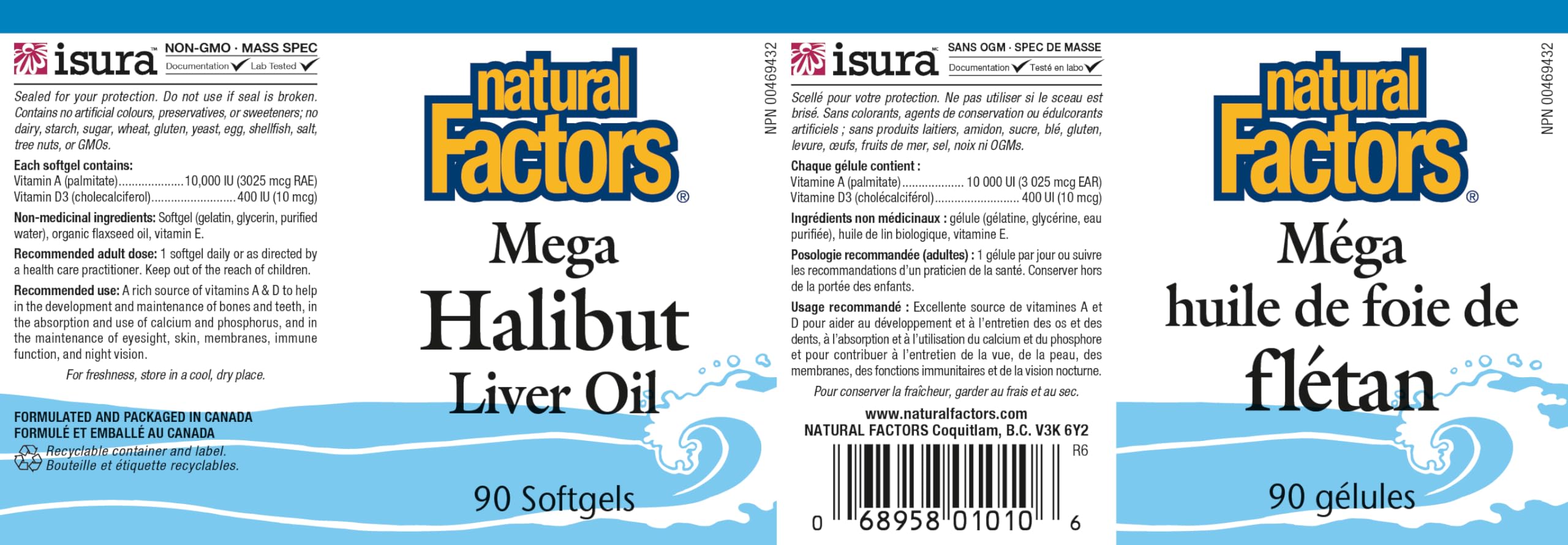 Natural Factors Mega Halibut Liver Oil, 90 Softgels, Vitamin A = 10,000 IU, Vitamin D3 = 400 IU, Helps to Maintain Eyesight, Skin, Membranes, Immune Function & Night Vision, Proudly Canadian
