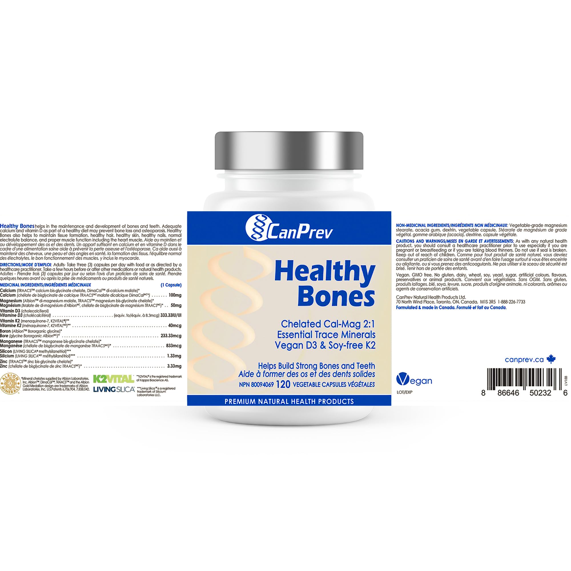 CanPrev Healthy Bones - Cal-Mag Chélaté 2:1, Oligo-éléments Essentiels, Vitamine D3 Végétalienne & K2 Sans Soja | Aide à Construire des Os et des Dents Solides | Produits de Santé Naturels de Première Qualité