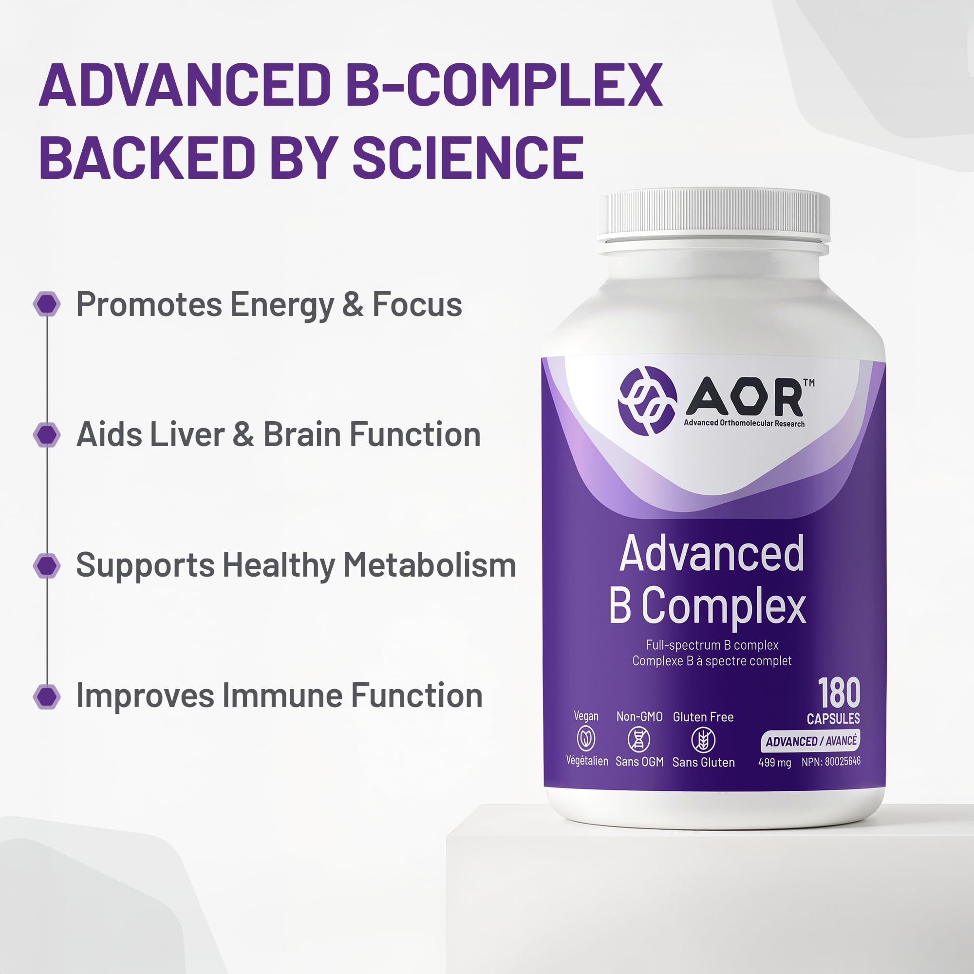 AOR Advanced B Complex Capsules, 180 capsules (approvisionnement de 60 jours) - Mélange de vitamines B à spectre complet avec B1, B2, B3, B5, B6, B12, inositol, acide folique et biotine - Végétalien, sans OGM et sans gluten - Favorise l'énergie