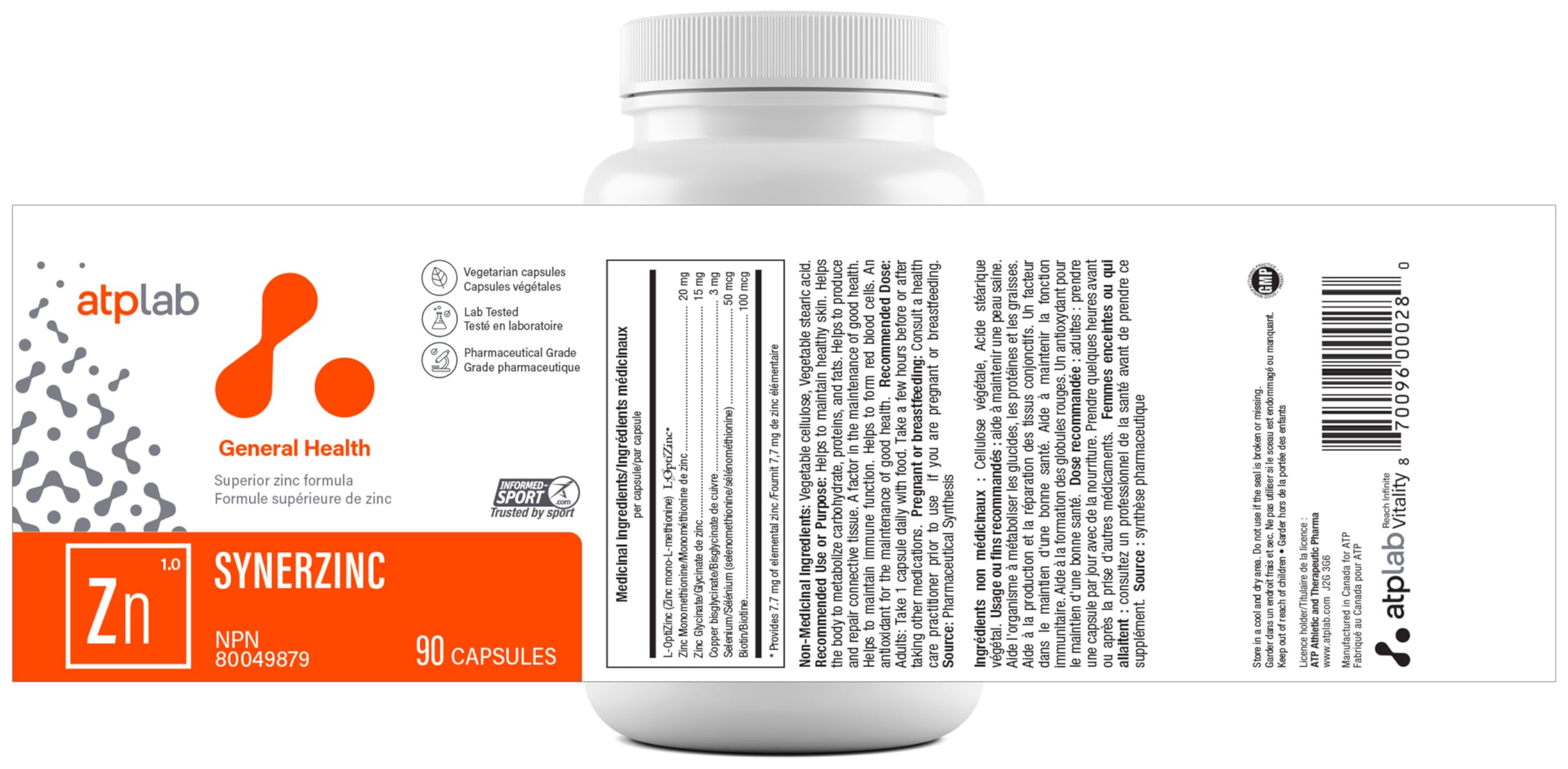 ATP LAB - Synerzinc, 90 Capsules 90-Day Supply - Zinc Supplement An Essential Mineral - Helps to Maintain Healthy Skin and Immune Function - Helps to Produce and Repair Connective Tissue