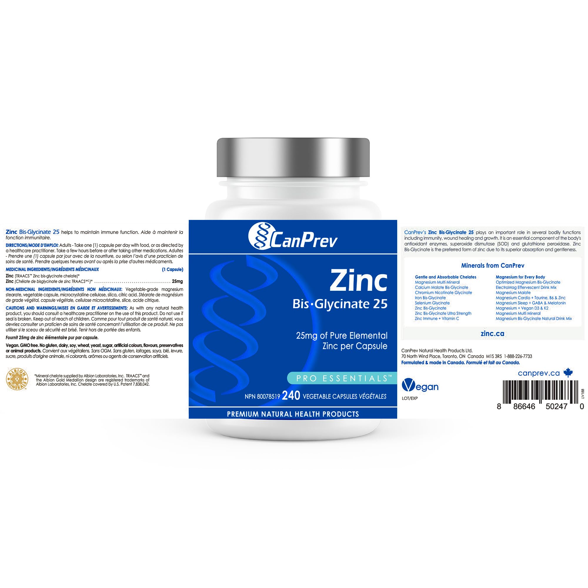 CanPrev Zinc Bis-Glycinate 25mg de zinc élémentaire pur par capsule - Produits de Santé Naturels