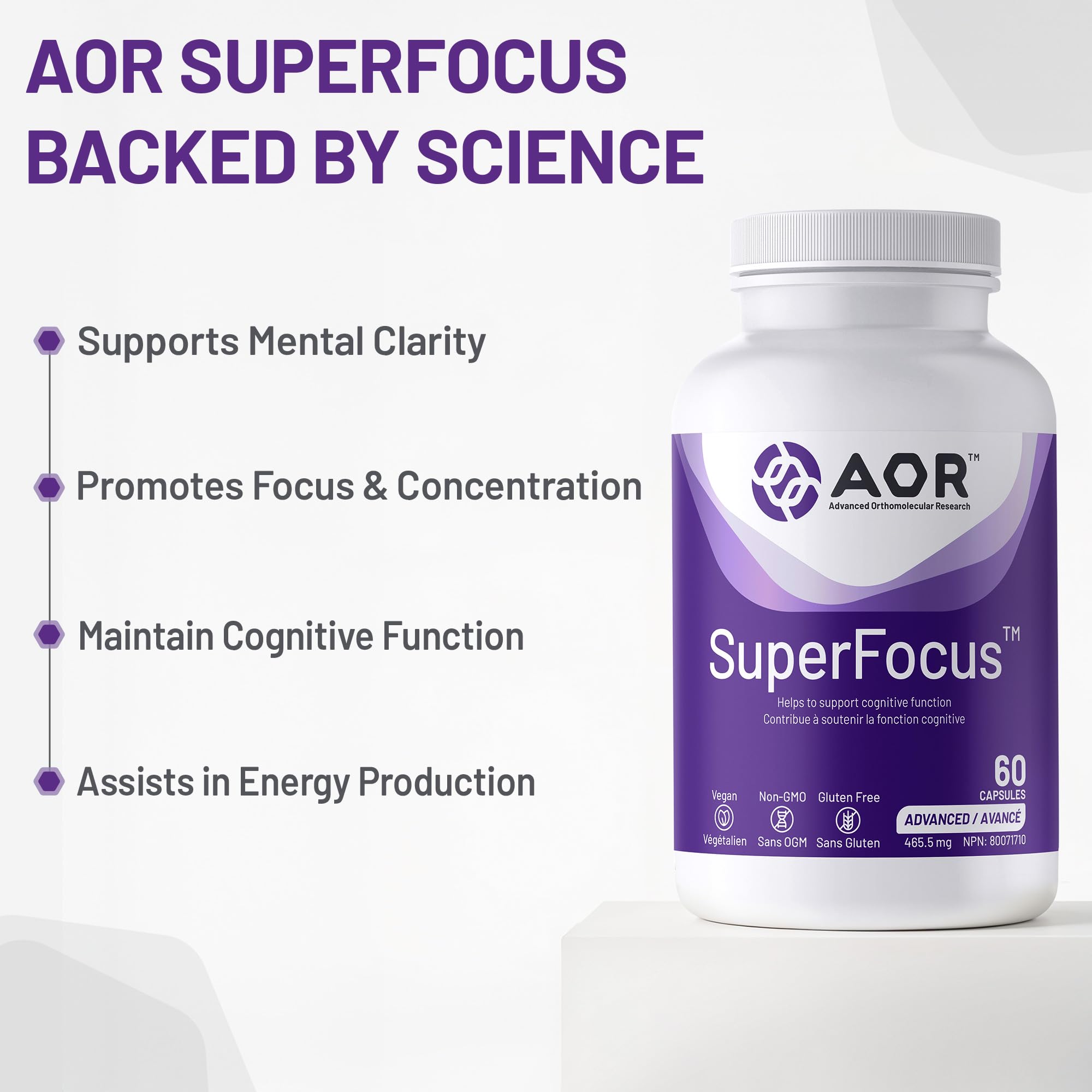 AOR SuperFocus, complément de soutien cérébral, 60 capsules, 30 jours – Végétalien, sans OGM et sans gluten – Améliore les performances cognitives et la mémoire, contient du ginseng, du Rhodiola Rosea, du Bacopa, de la méthyl B12, de l'inositol