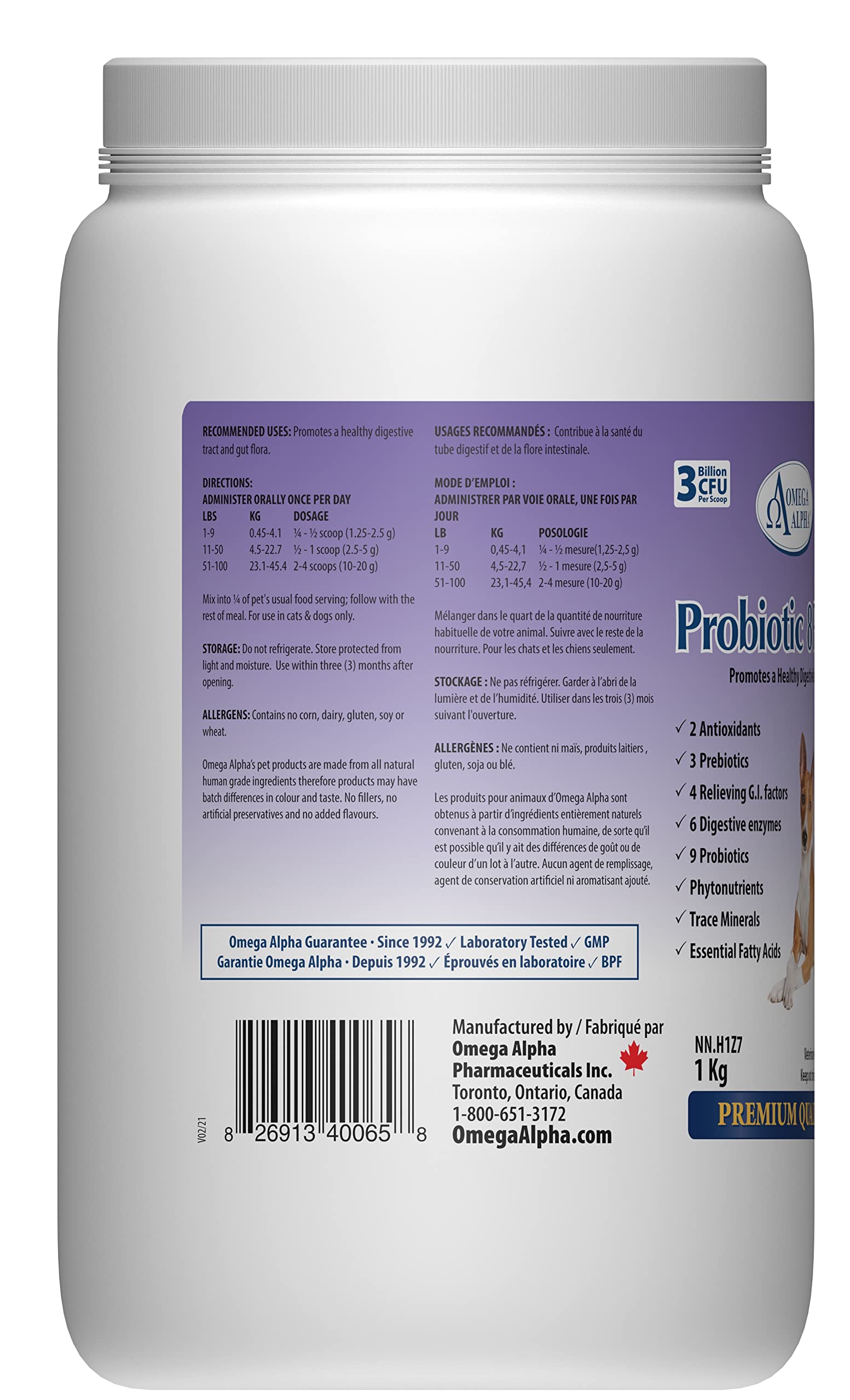 Omega Alpha Probiotic 8 Plus Poudre pour Chiens et Chats, Probiotiques pour Chiens - Soutient la Santé Intestinale, Améliore le Bien-être Digestif, la Santé des Yeux, des Dents et des Gencives, Formulé par des Vétérinaires, Fabriqué au Canada