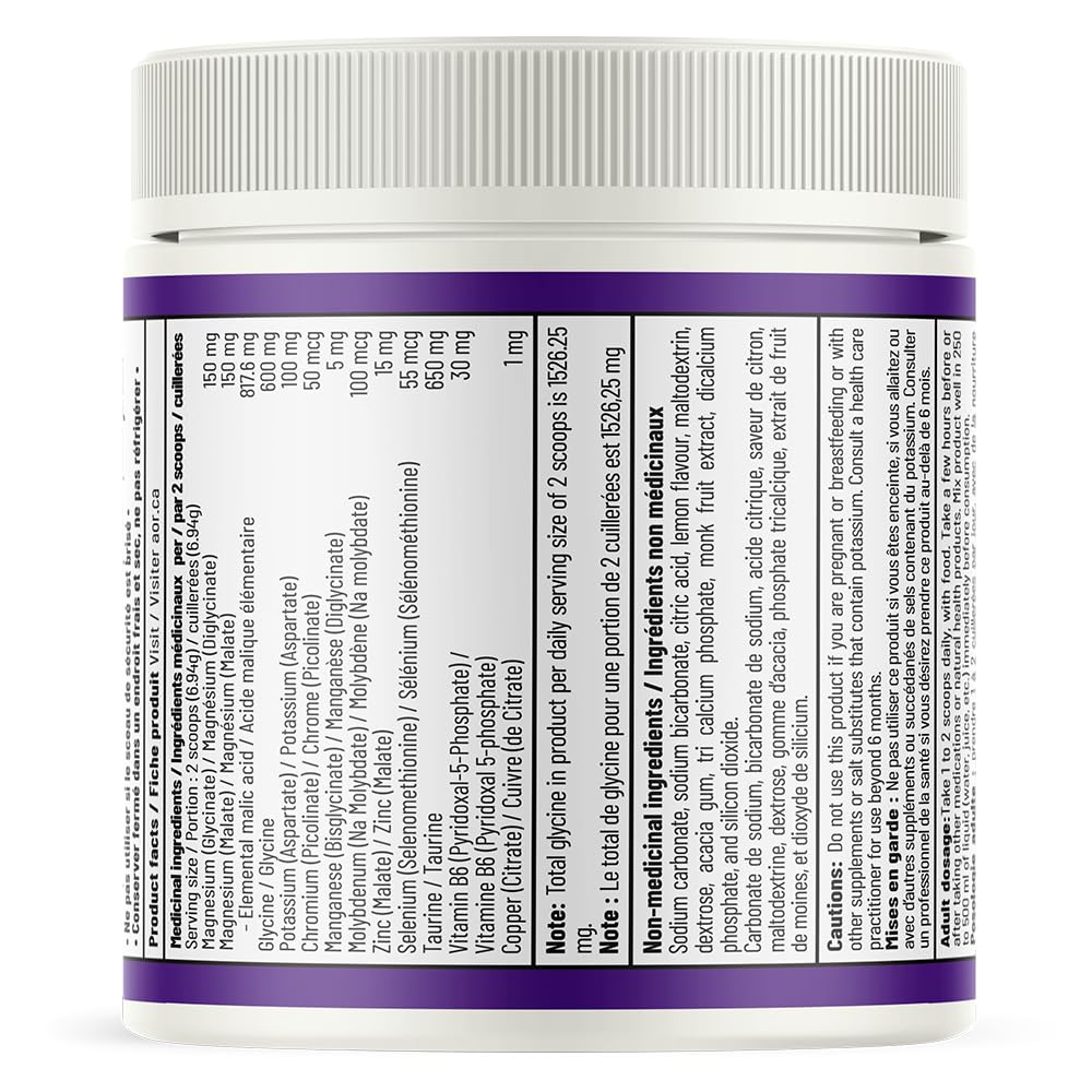 AOR Magnésium Synergy Poudre 208g 30 portions - Supplément de Magnésium Végétalien pour Hommes et Femmes - Soutient la Santé des Os, un Sommeil Réparateur et la Relaxation Musculaire - Facile à mélanger, Goût Citron sans Sucre, sans Gluten
