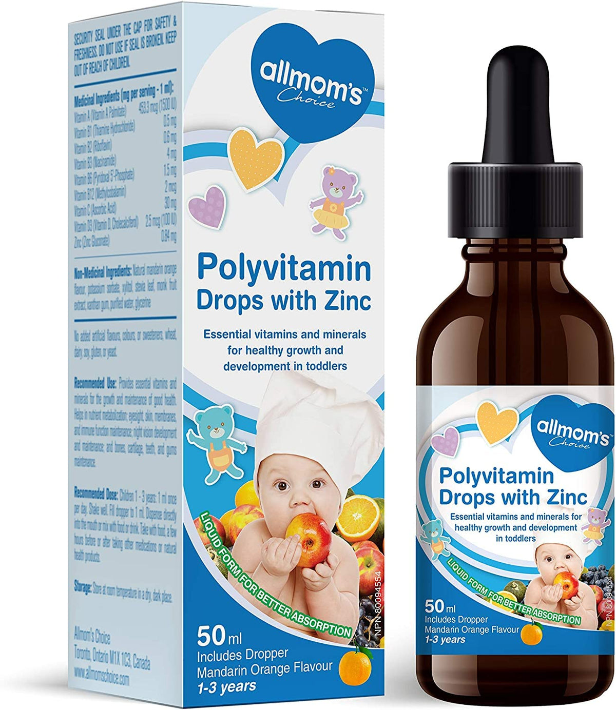 Allmom's Choice - Polyvitamin Drops with Zinc 50ml 50-Servings - Mandarin Orange Flavour - Vitamins and Minerals for Healthy Growth - Improves Immunity, Appetite, Vision and Brain Function - 1-3 Years