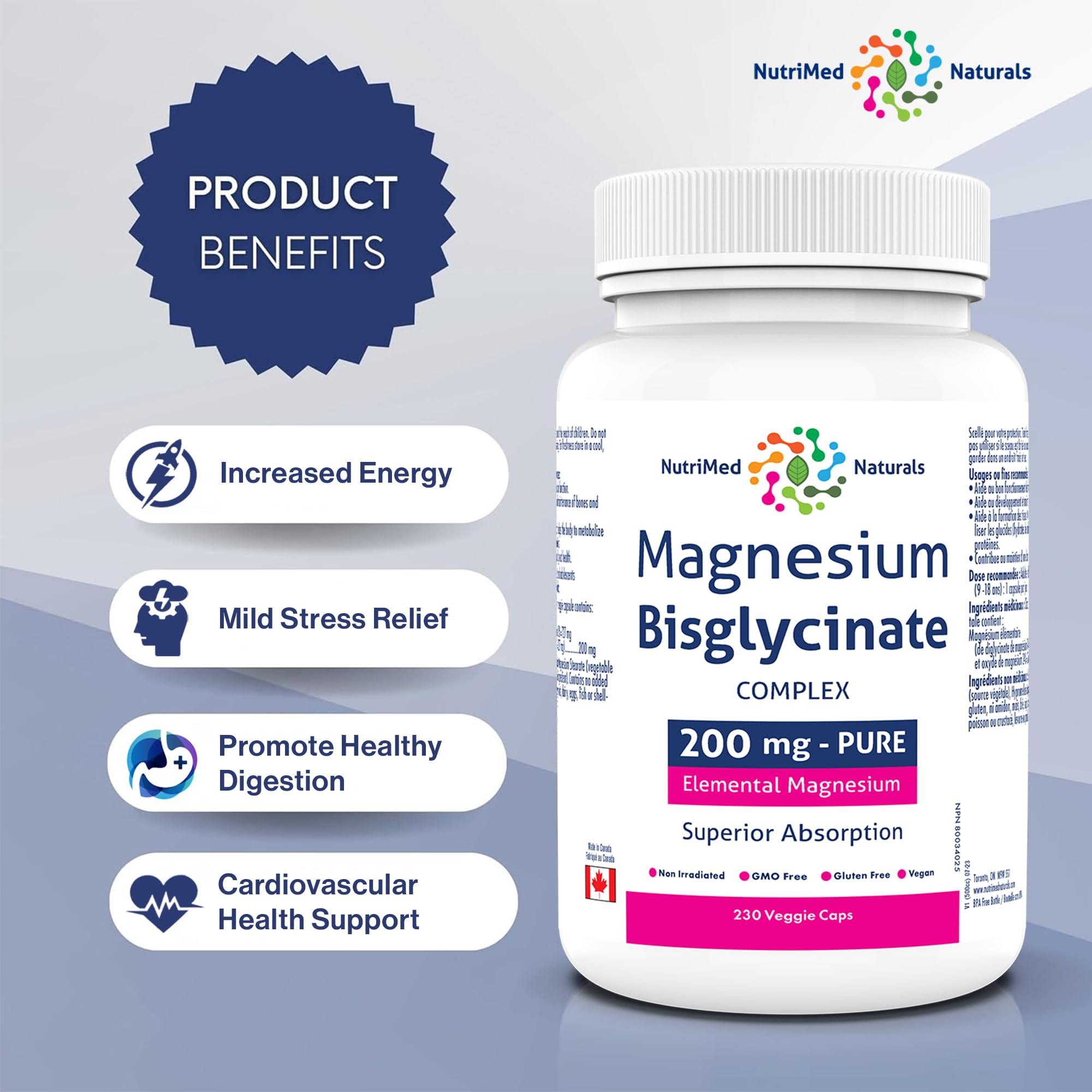 Nutrimed Naturals - Magnesium Bisglycinate Complex 200mg, 230 Capsules 230-Day Supply - Maintain Proper Muscle Function & Bone Health, Sleep Support - 3rd Party Tested - Formulated & Made in Canada