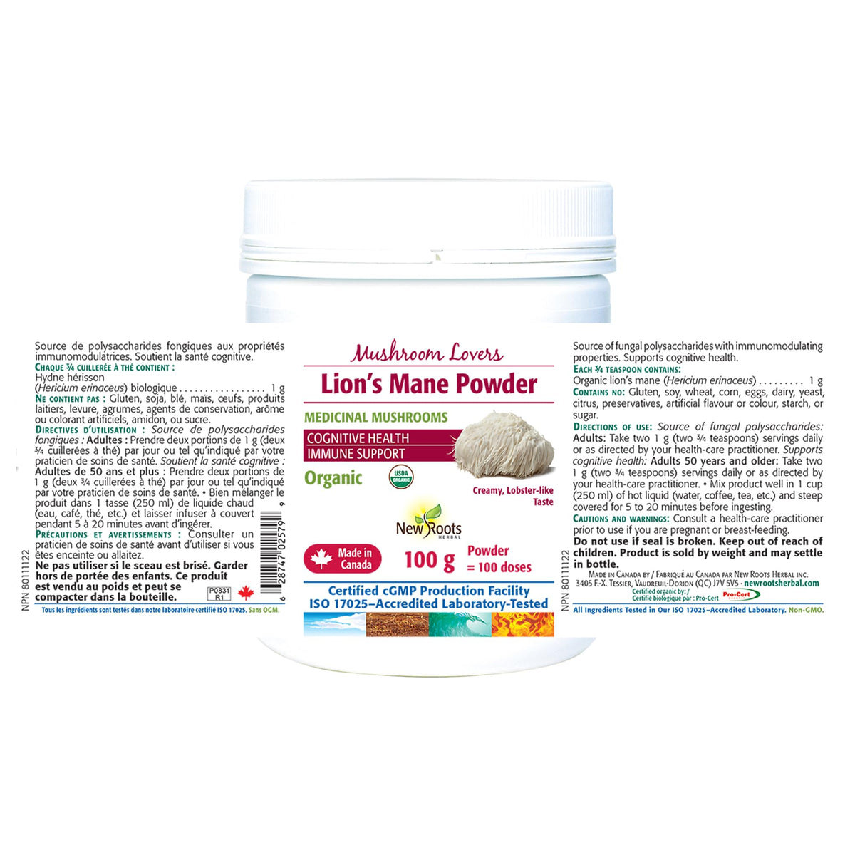 New Roots Herbal Mushroom Lovers Lions Mane Powder, 100g, 100 Servings