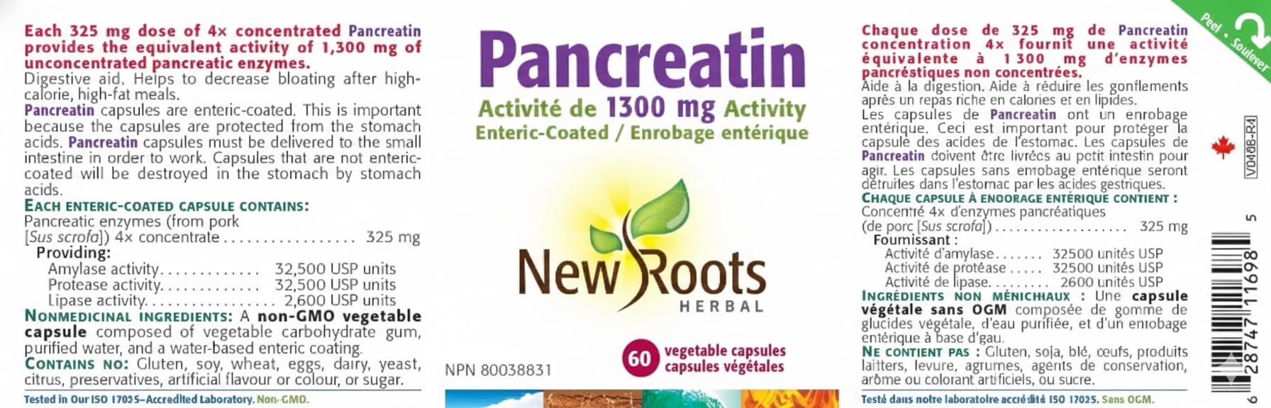 New Roots Herbal Pancreatin Equivalent to 1,300 mg Activity, 60 Capsules 30-Day Supply - Digestive Aid and Reduces Bloating