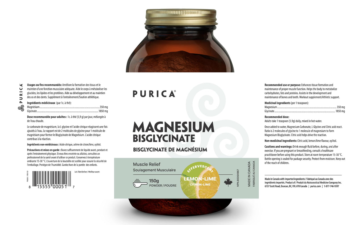 PURICA Effervescent Magnesium Glycinate Powder, 350 mg, Lemon Lime, 150g
