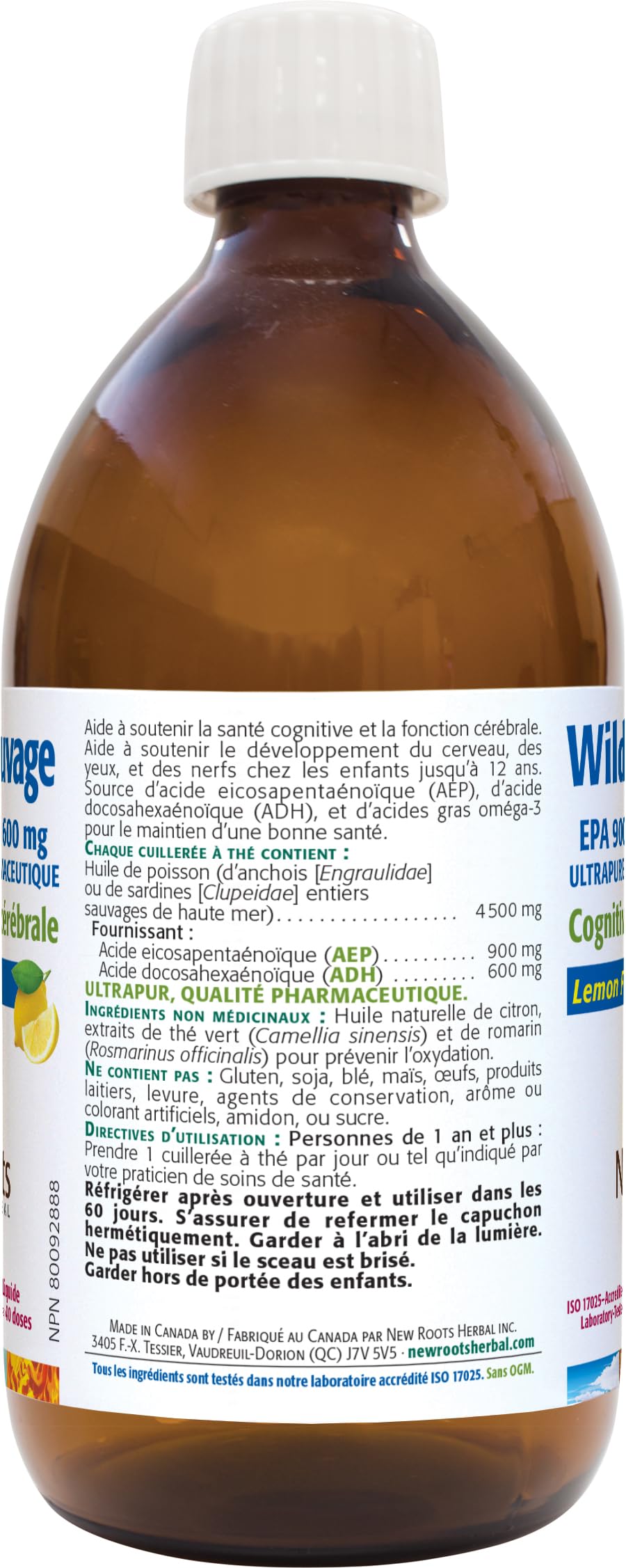 New Roots Herbal - Oméga-3 Sauvage AEP 900mg ADH 600mg, Saveur Citron, 200ml 40 Portions - Supplément d'Huile de Poisson Liquide d'Acides Gras Oméga-3 - Aide à Soutenir la Santé Cognitive, les Yeux, les Nerfs et la Fonction Cérébrale