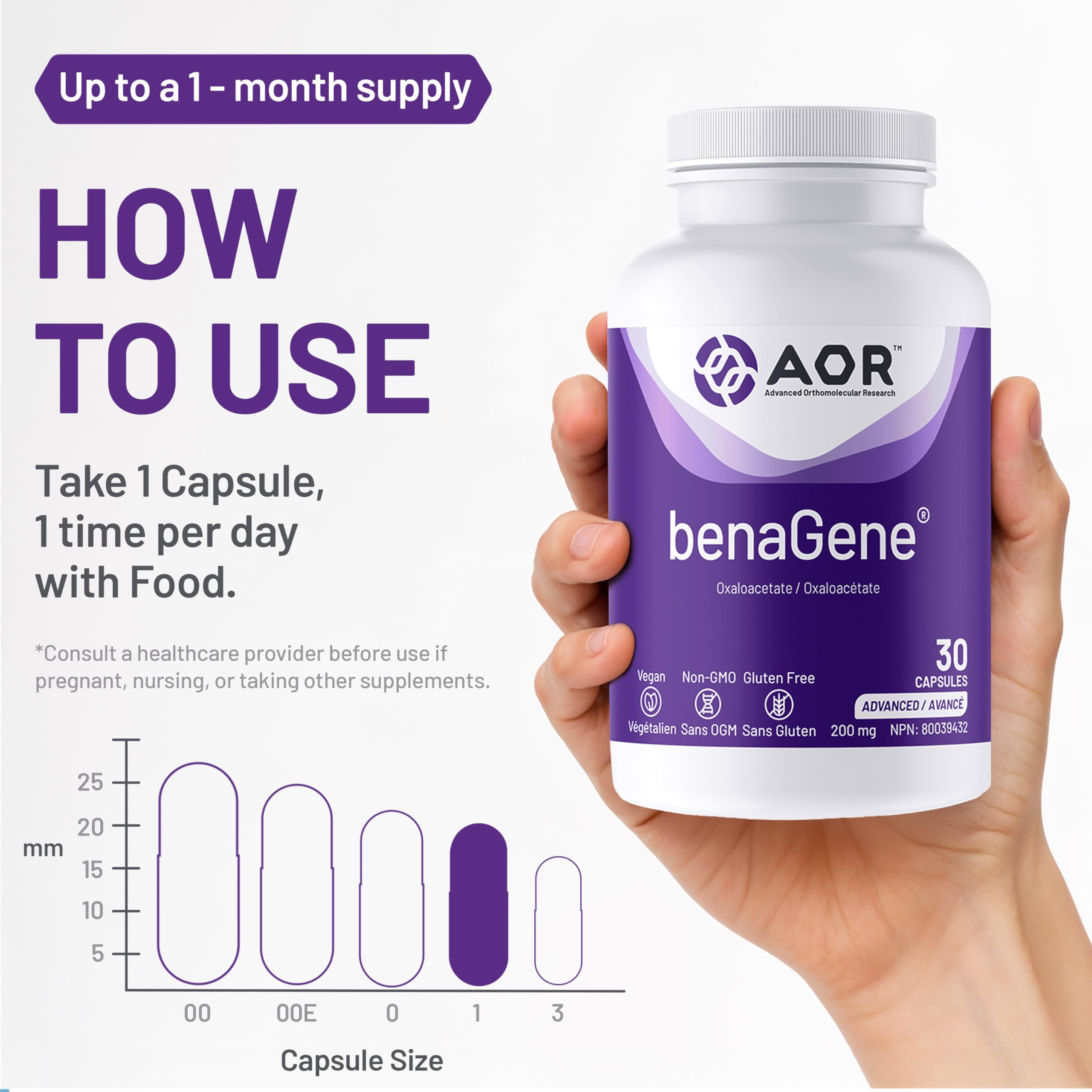 AOR Benagene Stabilized Oxaloacetic Acid with Vitamin C ‚Äì 30 Vegan Capsules, 30-Day Supply ‚Äì Supports Cellular Vitality, Enhances Energy Production & Mental Focus ‚Äì Dairy-Free, Gluten-Free & Non-GMO