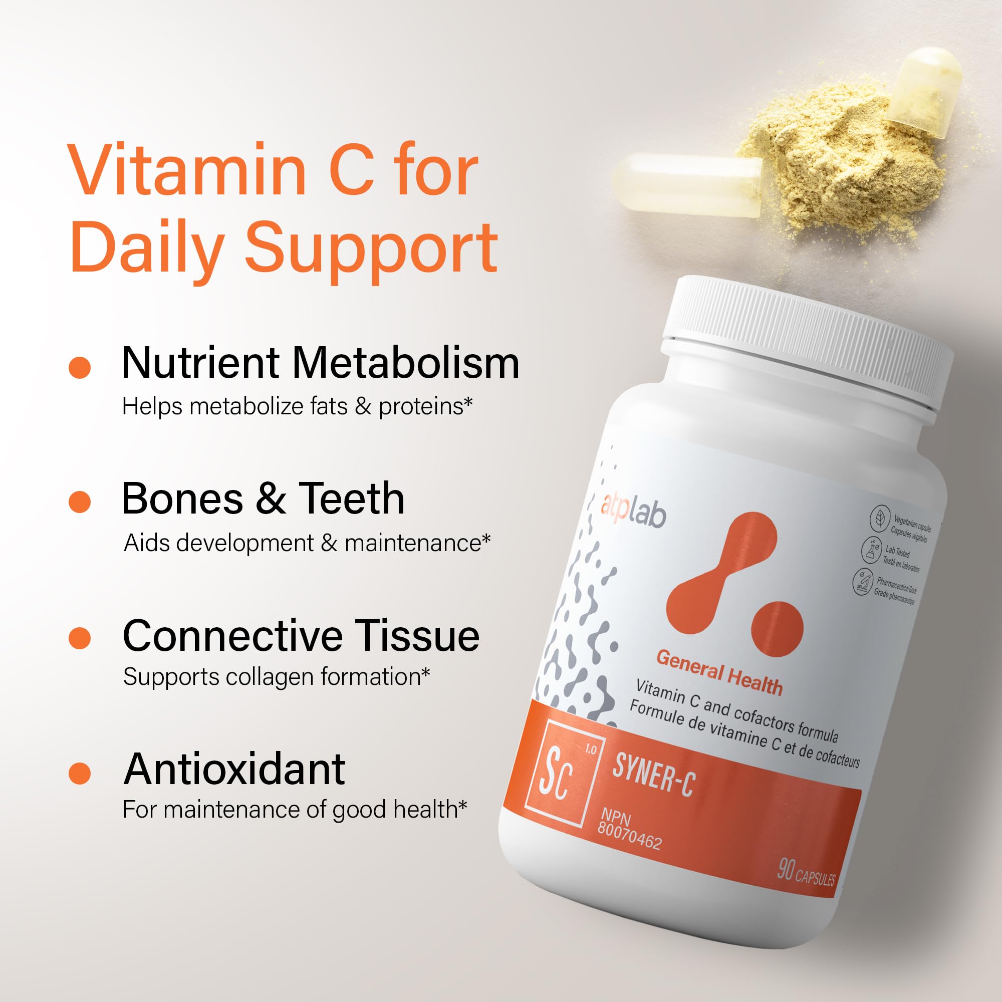 ATP LAB - Syner-C 90 Capsules 45-Day Supply - Vitamin-C Capsules Quercetin Supplements - Pressure Relief Supplement - Vitamin C Immune Support & Wound Healing Supplement