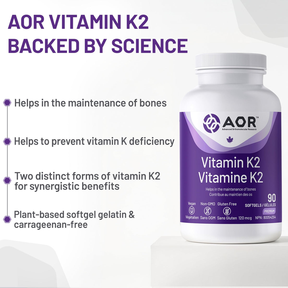 AOR Vitamin K2 MK-4 & MK-7 120mcg, 90 Vegan Softgels for Bone Maintenance