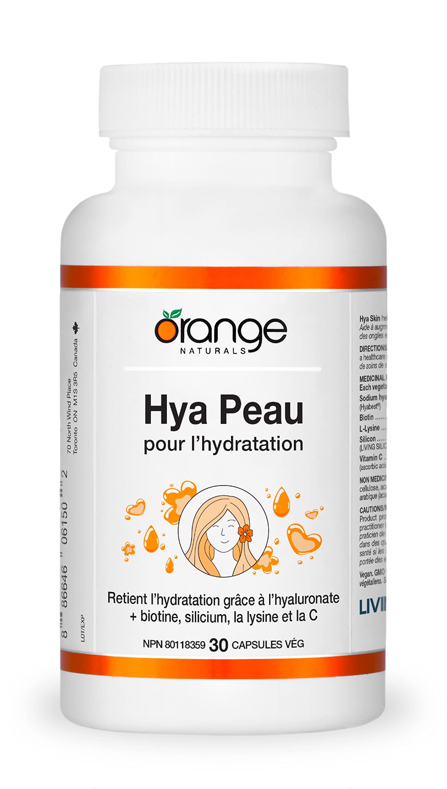 Orange Naturals Hya Skin pour l'hydratation, 30 capsules végétales, avec biotine, hyaluronate et silicium, nourrit les cheveux, la peau et les ongles, soutient l'hydratation et la formation de collagène, sans produits laitiers, sans gluten, sans OGM