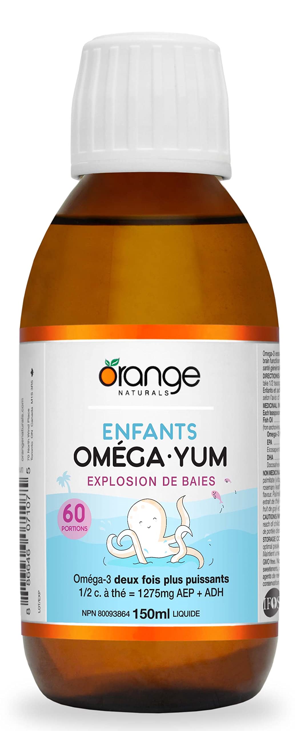 Orange Naturals Kids Omega-3 Yum Liquid 150ml 60 Servings, Berry Splash Flavor, Fish Oil Supplement, Omega-3 EPA & DHA, Helps Maintain Brain Function & Development, Suitable for Ages 1-18, Gluten-Free