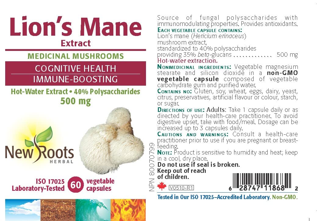 New Roots Herbal Lions Mane Supplement, 500 mg, Beta Glucan, 60 Day Supply