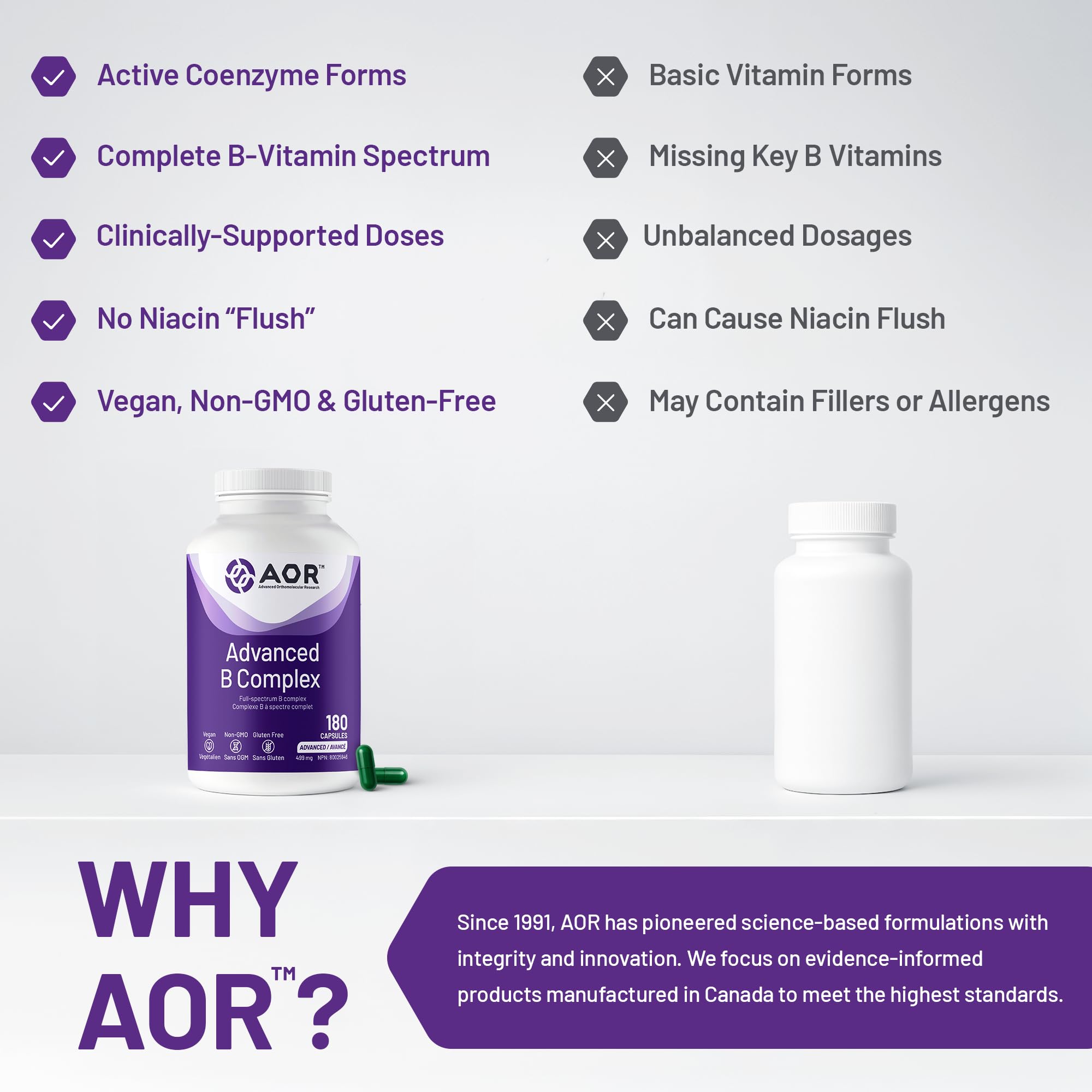 AOR Advanced B Complex Capsules, 180 capsules (approvisionnement de 60 jours) - Mélange de vitamines B à spectre complet avec B1, B2, B3, B5, B6, B12, inositol, acide folique et biotine - Végétalien, sans OGM et sans gluten - Favorise l'énergie