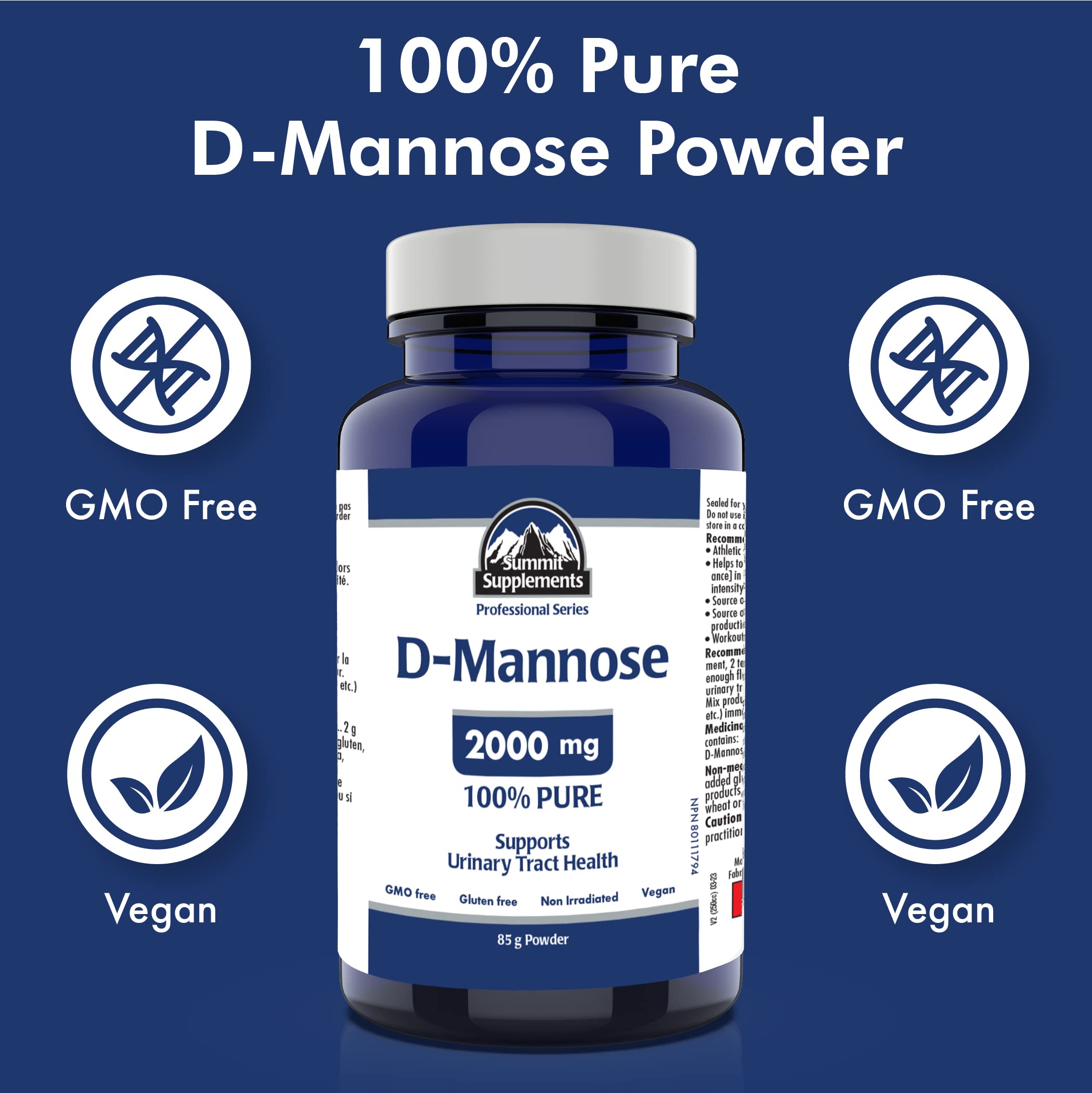 Poudre de D-Mannose pour les infections urinaires (santé des voies urinaires), fièrement canadienne et à impact plastique négatif.