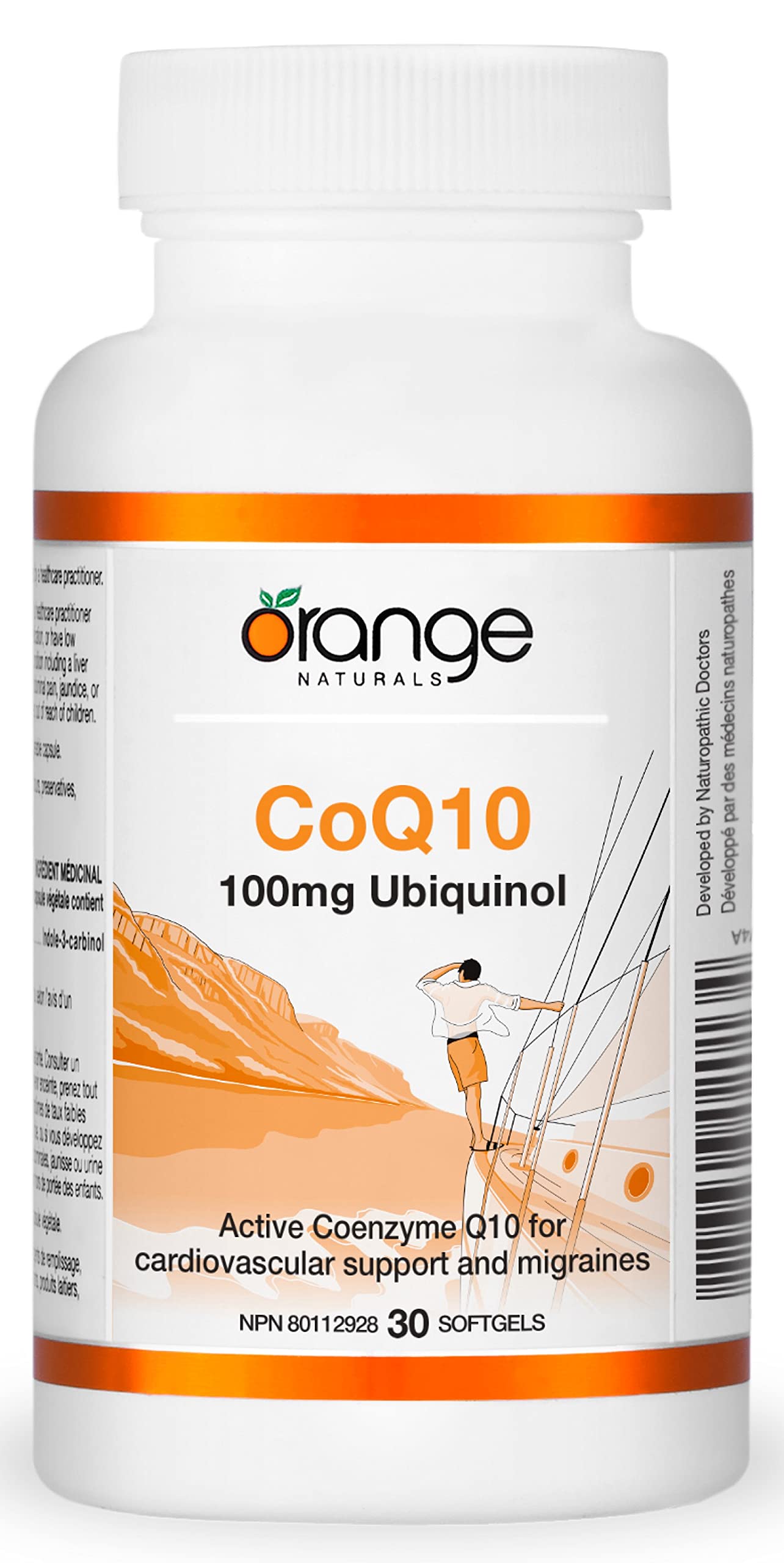 Orange Naturals - CoQ10 Ubiquinol, 30 gélules (30 jours d'approvisionnement) - Kaneka Ubiquinol CoQ10 100mg - Coenzyme Q10 pour la santé cardiovasculaire et le soulagement des maux de tête et des migraines - Soulagement des nausées et vomissements