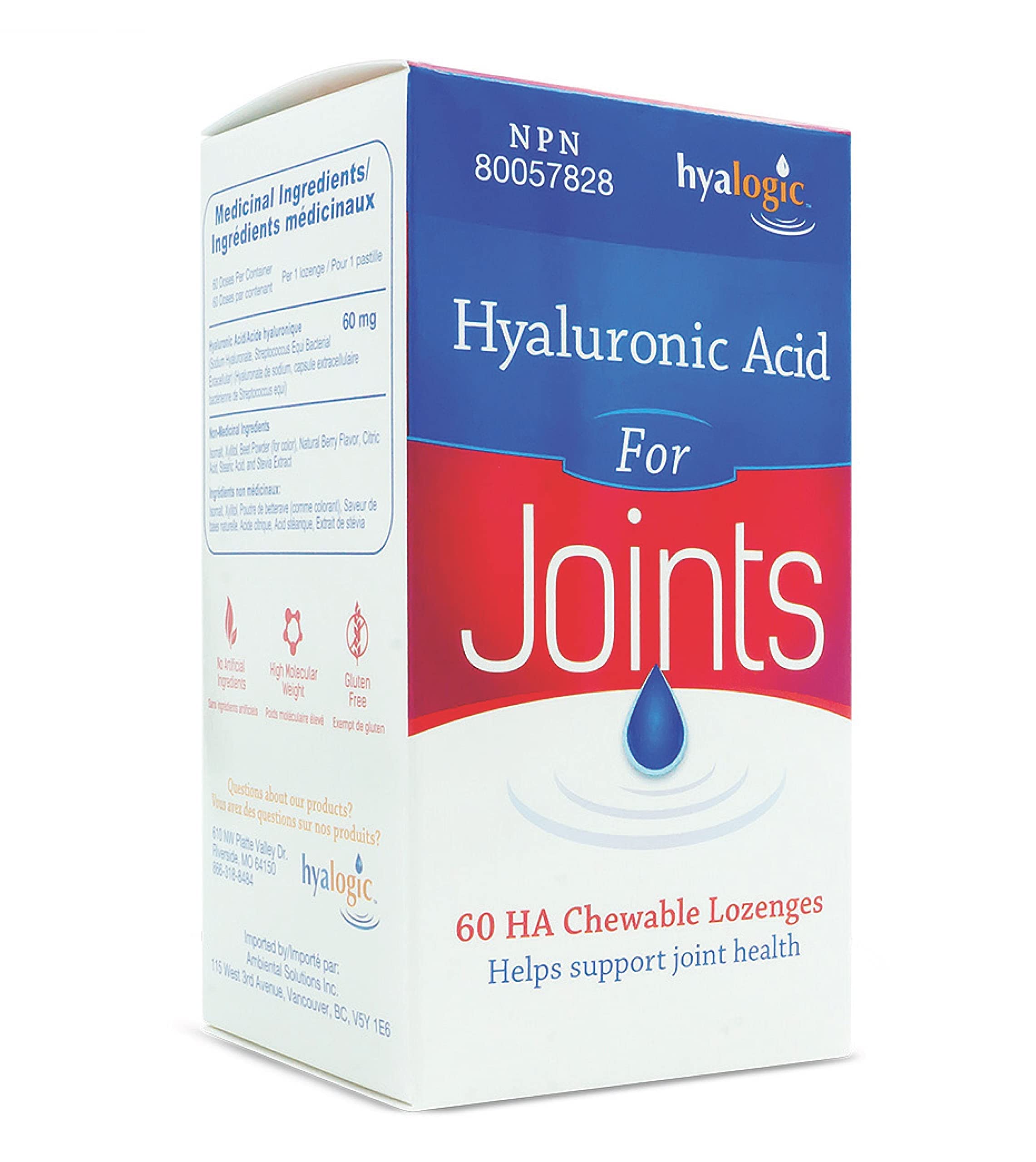 Complément d'acide hyaluronique à croquer Hyalogic 60 comprimés (prendre 2 comprimés pour 120 mg d'HA) - Délicieuse saveur de baies - Comprimés pastilles de 60 mg - Naturel, céto, végétalien, sans sucre - pour les articulations, la peau et les yeux