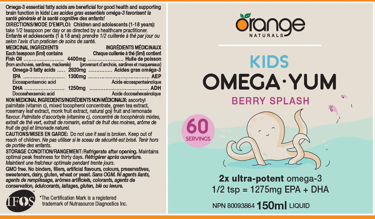 Orange Naturals Kids Omega-3 Yum Liquid 150ml 60 Servings, Berry Splash Flavor, Fish Oil Supplement, Omega-3 EPA & DHA, Helps Maintain Brain Function & Development, Suitable for Ages 1-18, Gluten-Free