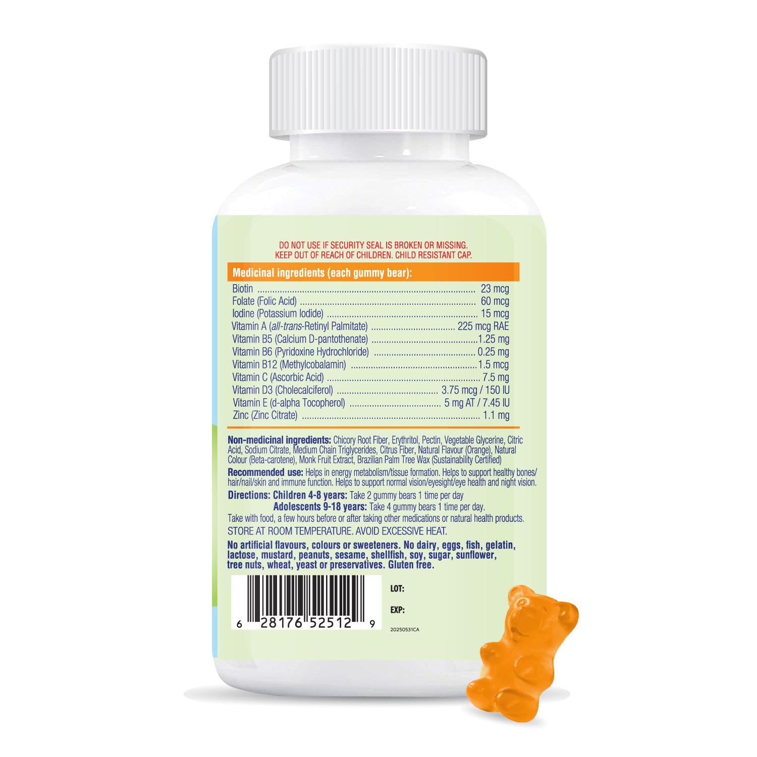 allKiDz Multivitamin Gummy Bears for Kids Children, Made in Canada, Plant-Based, Sugar-Free, Gelatin-Free, Complete Multi Vitamin Mineral Supplement, 11 Essential Nutrients Including Folate, Vitamin A, B, C, D3, E and Zinc for Immune Health, Natural Orang