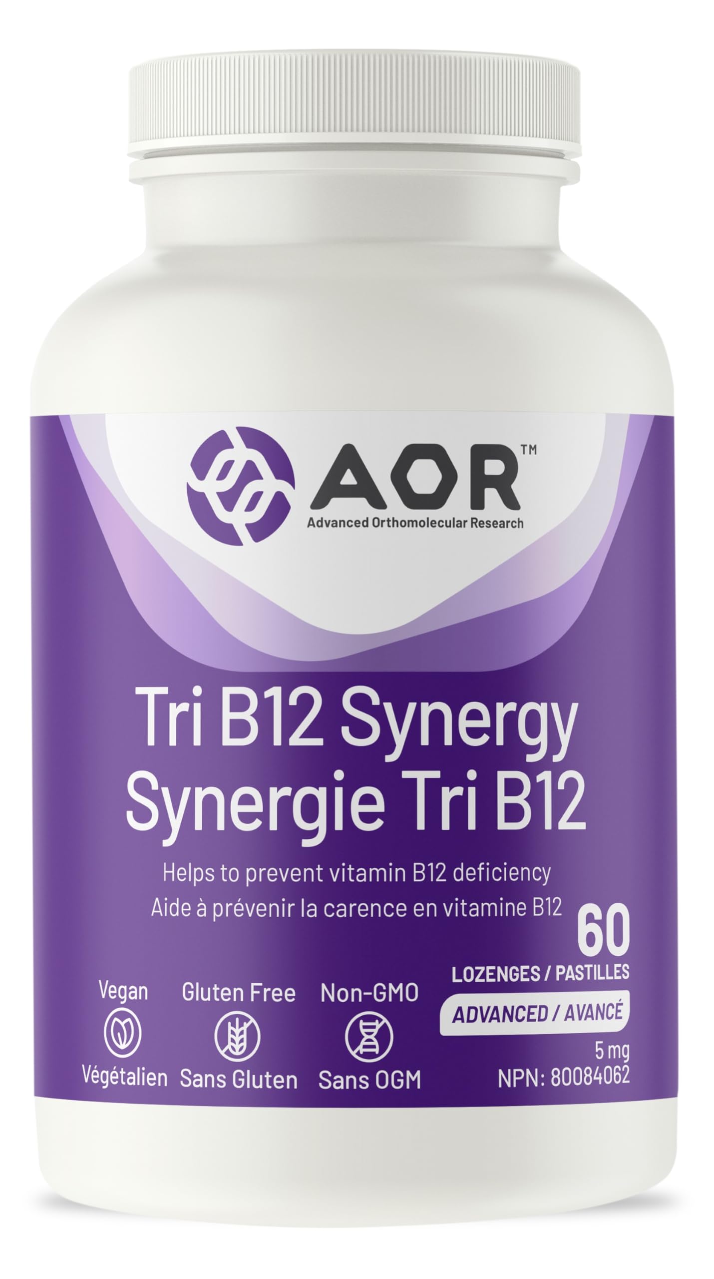 AOR Tri B12 Synergy 5 mg, 60 Lozenges, Approvisionnement de 60 Jours – Supplément de Vitamine B12 avec Méthylcobalamine, Hydroxocobalamine et Adénosylcobalamine pour le Soutien du Cœur, du Cerveau et du Système Nerveux – Végétalien et Sans OGM