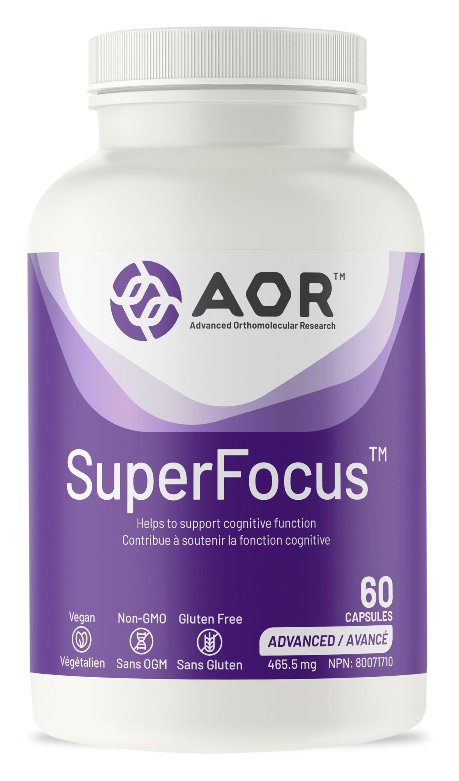 AOR SuperFocus, complément de soutien cérébral, 60 capsules, 30 jours – Végétalien, sans OGM et sans gluten – Améliore les performances cognitives et la mémoire, contient du ginseng, du Rhodiola Rosea, du Bacopa, de la méthyl B12, de l'inositol
