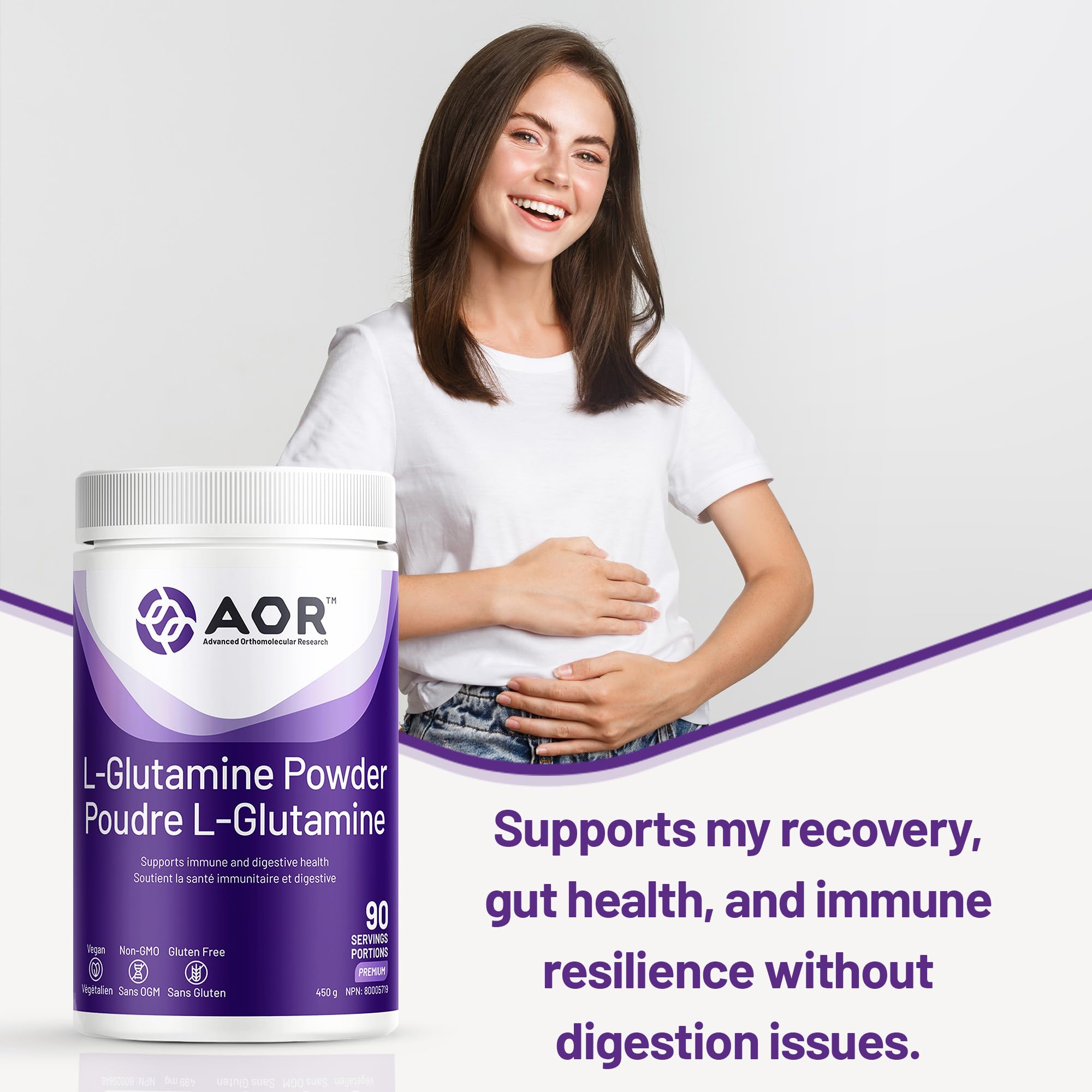 AOR L-Glutamine Powder 5000mg, 450g 90 Servings - L-Glutamine Supplement, Supports Digestive Comfort, Recovery & Overall Wellness, Vegan and Non-GMO, Trusted Choice Recommended by Professionals