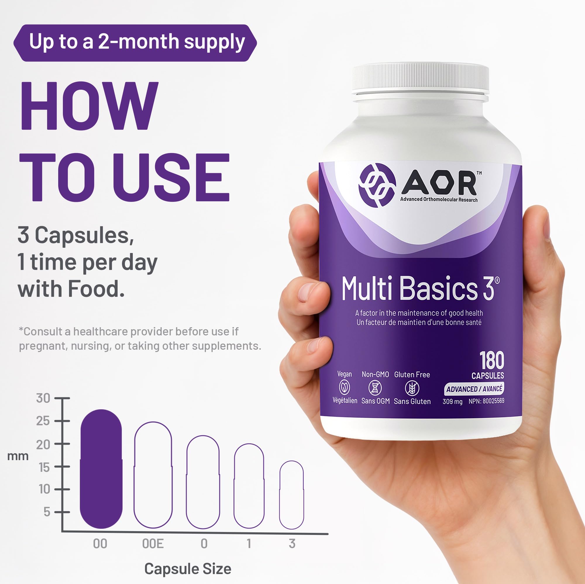 AOR - Multi Basics 3 309mg, 90 capsules - Supplément de minéraux essentiels et de multivitamines pour adultes - Multivitamine quotidienne pour hommes et femmes adultes - Multivitamines et multiméraux