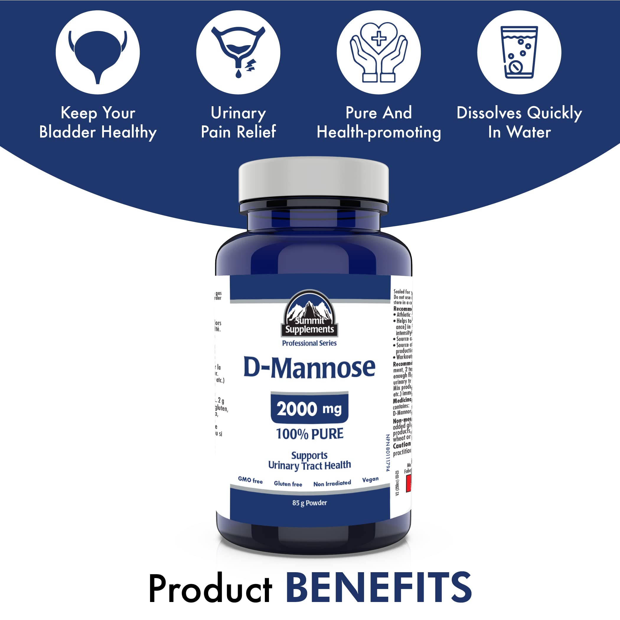 Poudre de D-Mannose pour les infections urinaires (santé des voies urinaires), fièrement canadienne et à impact plastique négatif.