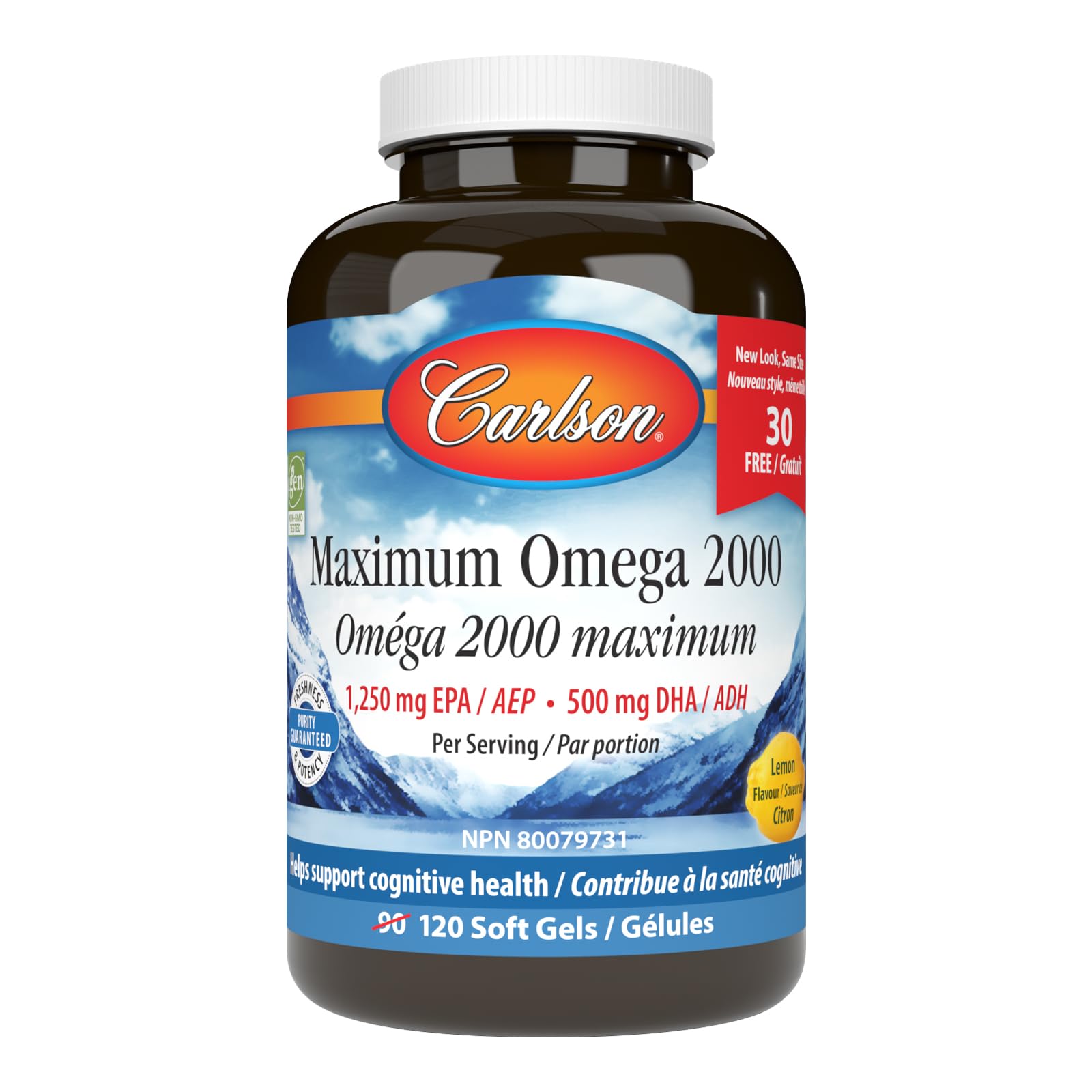 Carlson - Maximum Oméga 2000, 2000 mg d'acides gras Oméga-3 dont EPA et DHA, Pêche sauvage, Complément d'huile de poisson norvégienne, Capsules d'huile de poisson issues de sources durables, Citron, 90+30 Gélules