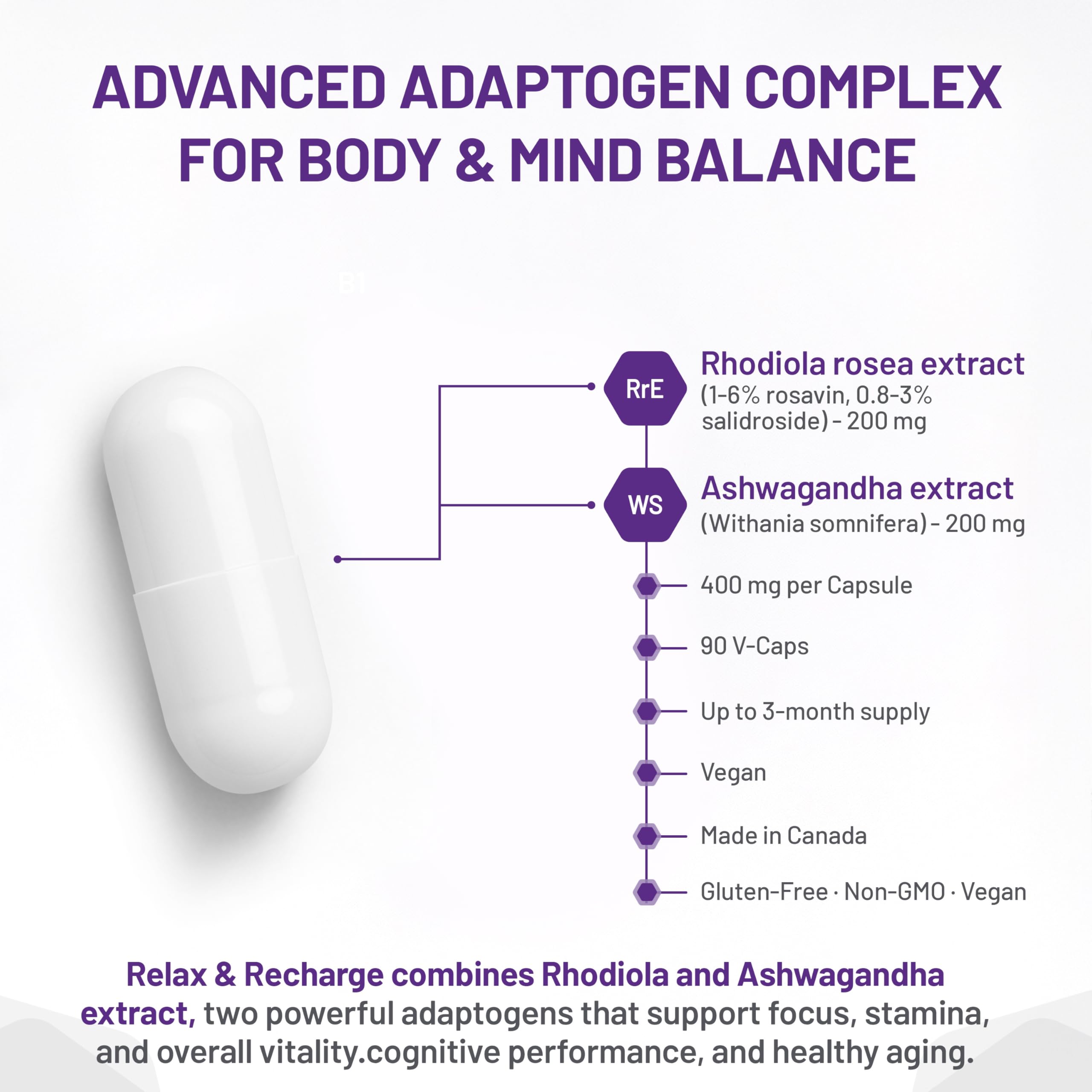 AOR Relax & Recharge 400mg 90 Gélules Fourniture de 90 Jours - Extrait de Rhodiola Rosea & Ashwagandha, Supplément Herbal - Conçu pour une Meilleure Concentration & Clarté Mentale, Soutient le Calme & la Vitalité, Végétalien, Sans OGM