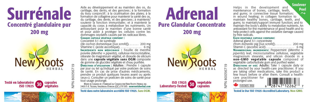 New Roots Herbal Adrenal Capsules, 200mg Sus scrofa, NPN, 30 Day Supply
