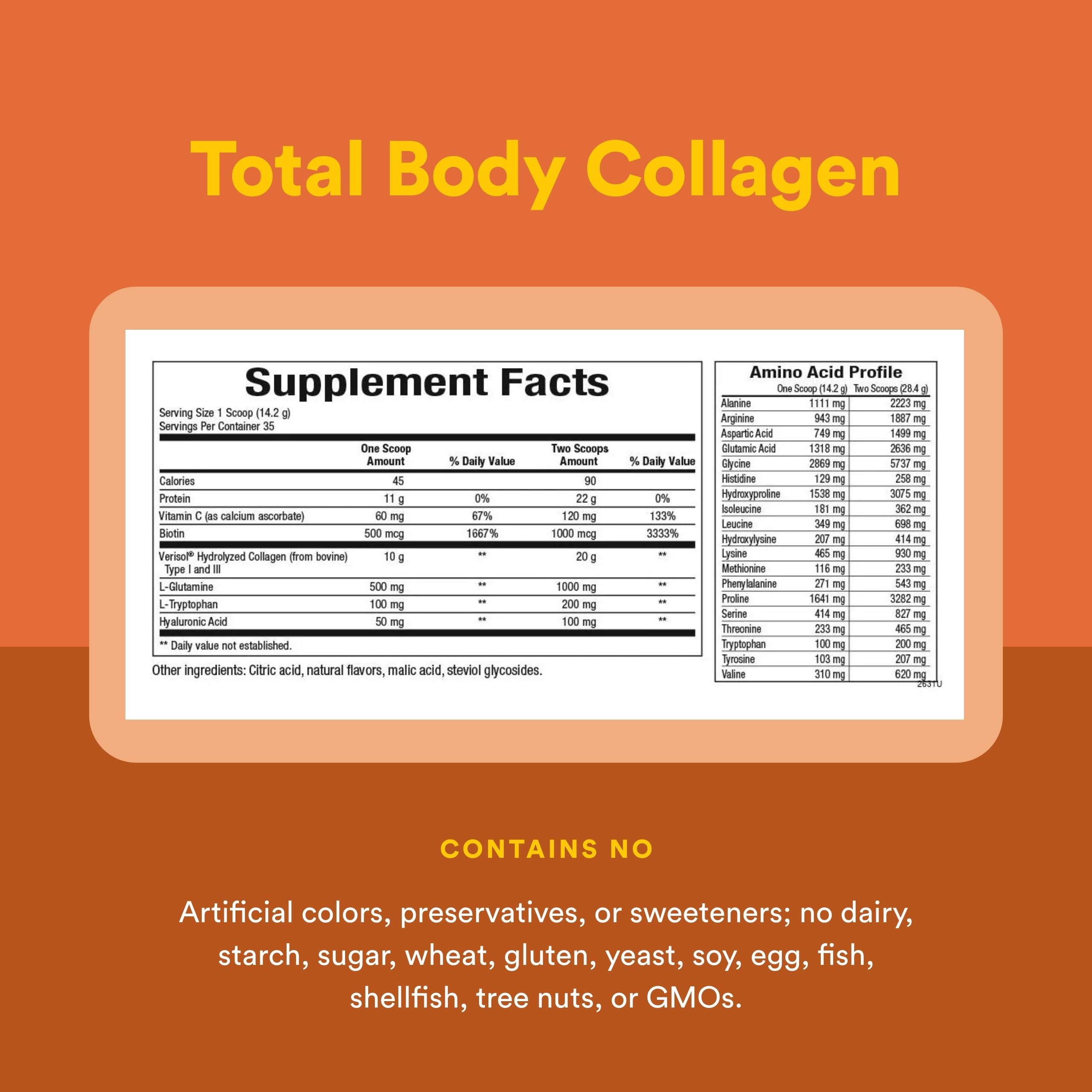 Total Body Collagen - Antiaging, Hydrated Skin, Muscle & Joint Recovery. 100% Complete Amino Acids with Hyaluronic Acid, Glutamine, and Biotin. Orange, 500g
