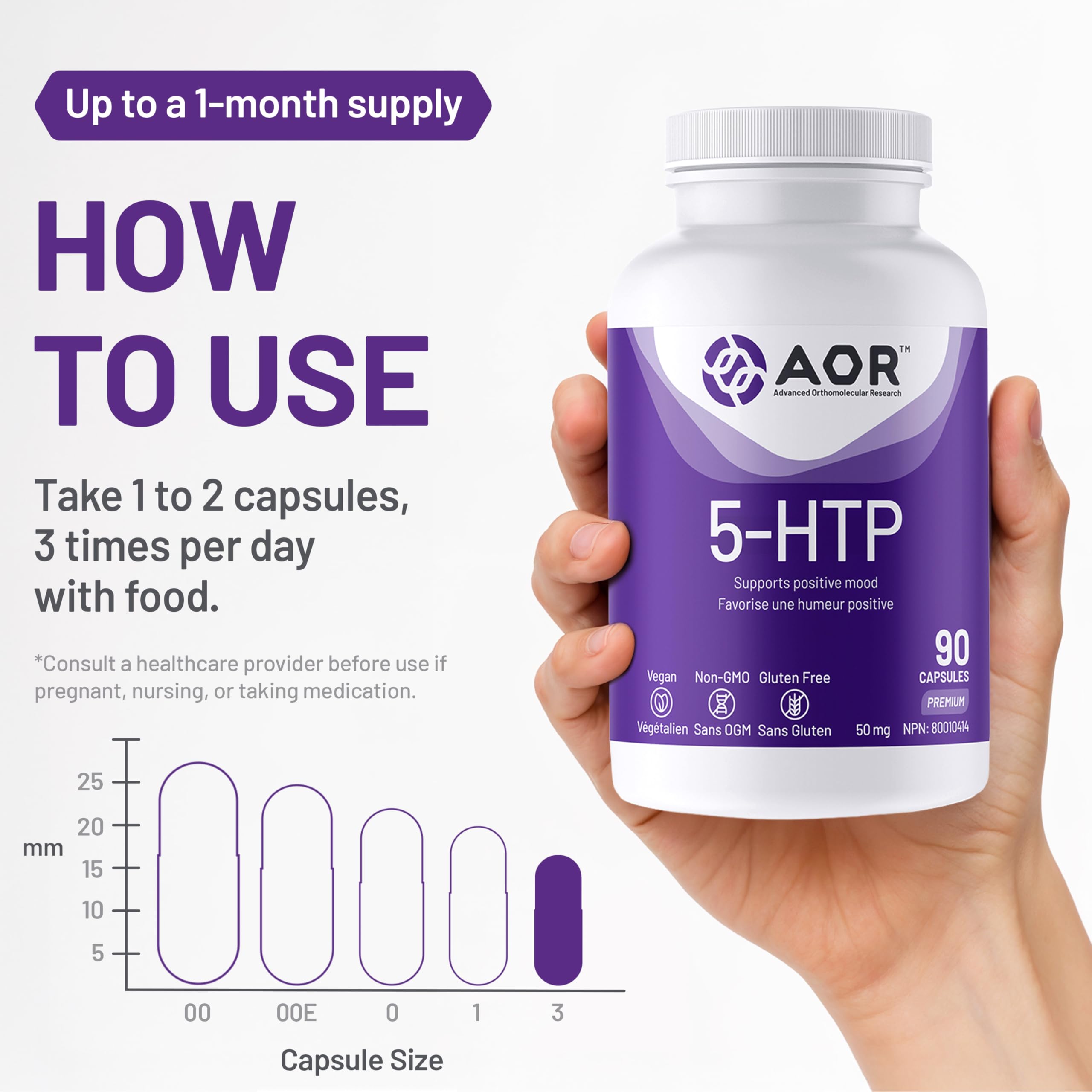 AOR 5-HTP 50mg, 90 gélules, cure de 30 jours – Complément de 5-hydroxytryptophane pour la relaxation, le soutien de la sérotonine et un sommeil réparateur – Végétalien, sans OGM ni gluten, facile à avaler, formule à base d'acides aminés